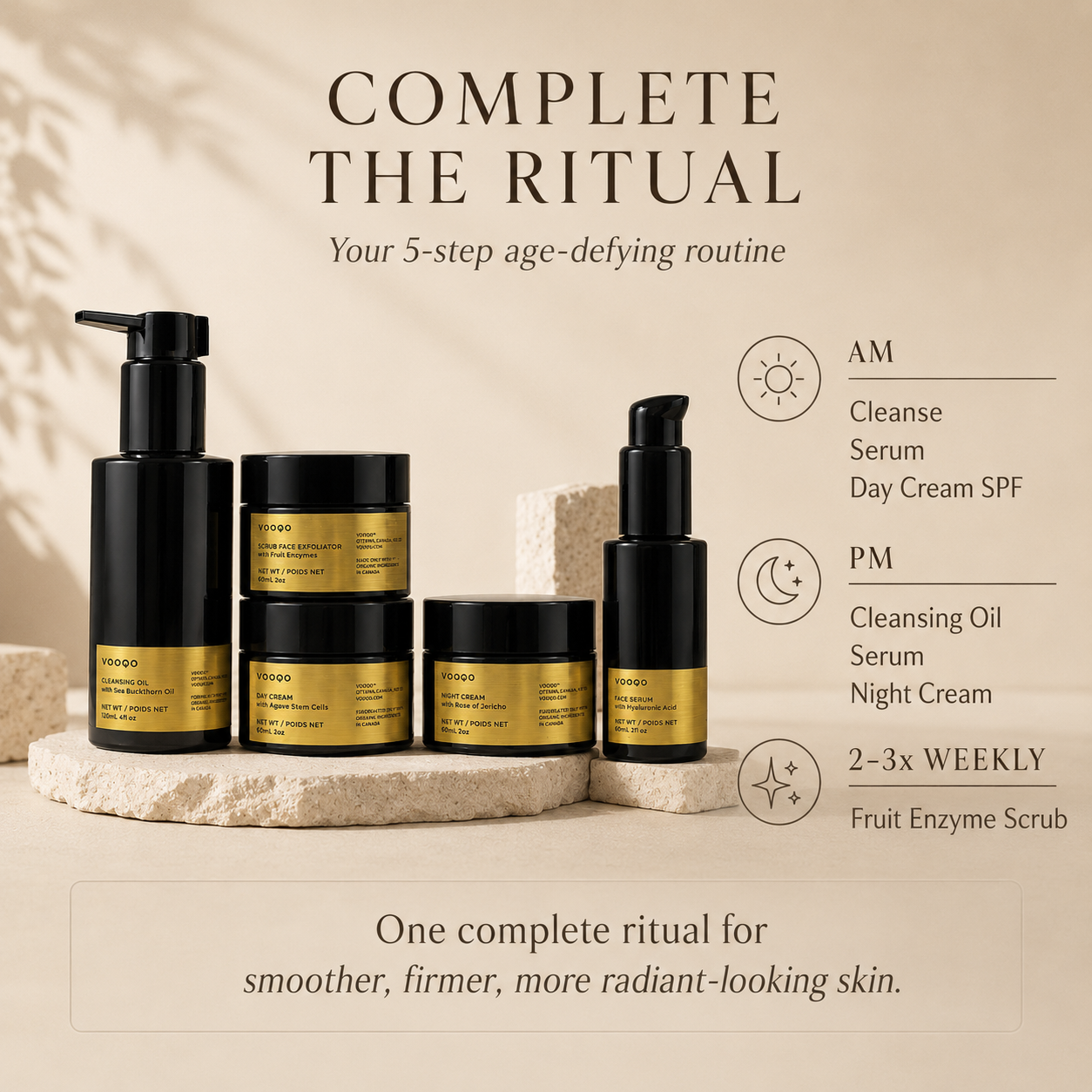 Complete the ritual image for Vooqo The Age-Defying Ritual showing morning, evening, and weekly skincare steps for firmer, smoother, more radiant-looking skin.