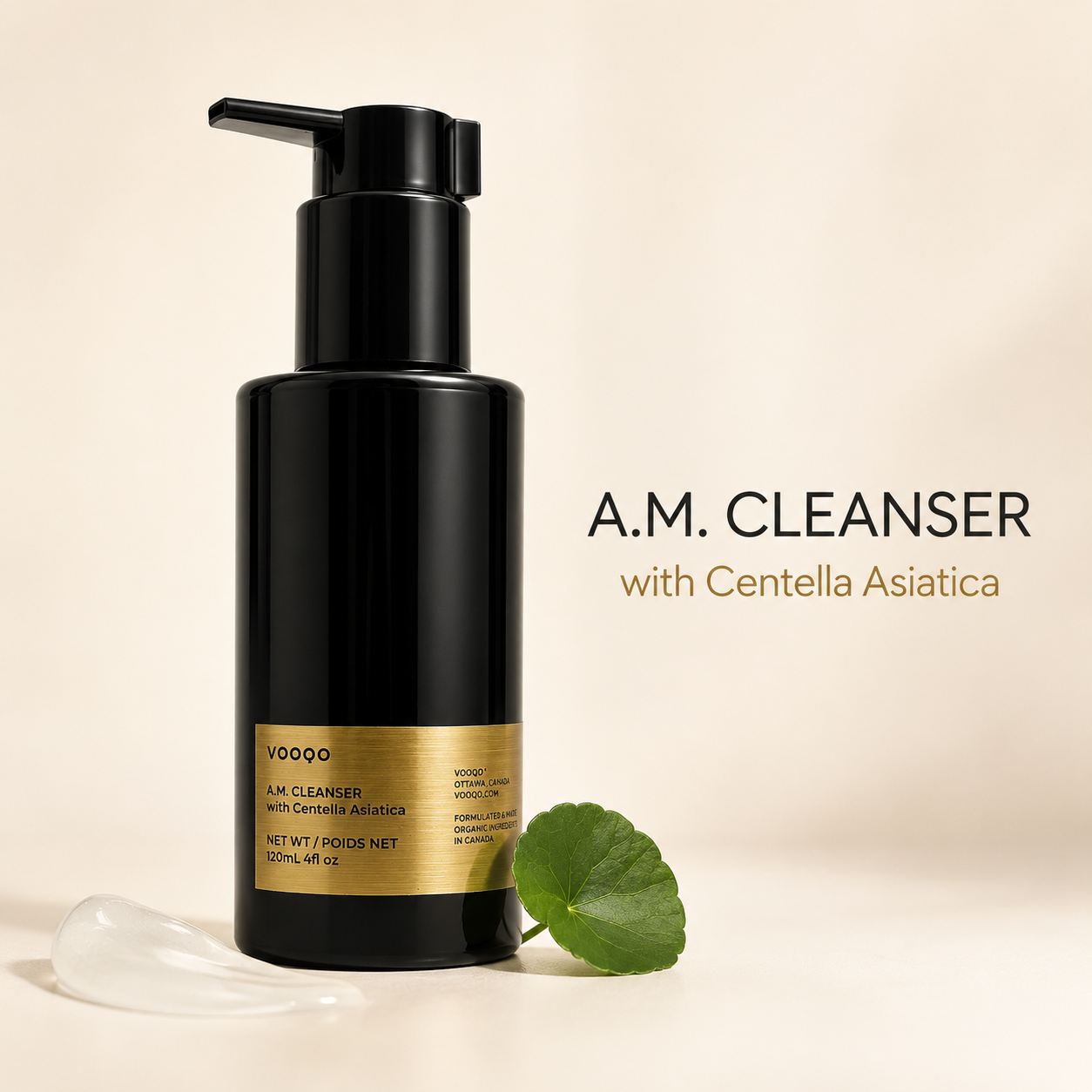 VOOQO A.M. Cleanser with Centella Asiatica in a black pump bottle with gold label on a soft neutral background.
