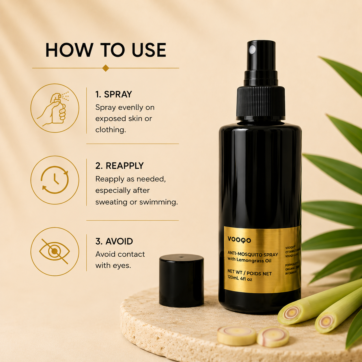 How to use Vooqo Anti-Mosquito Spray on exposed skin or clothing before outdoor activities