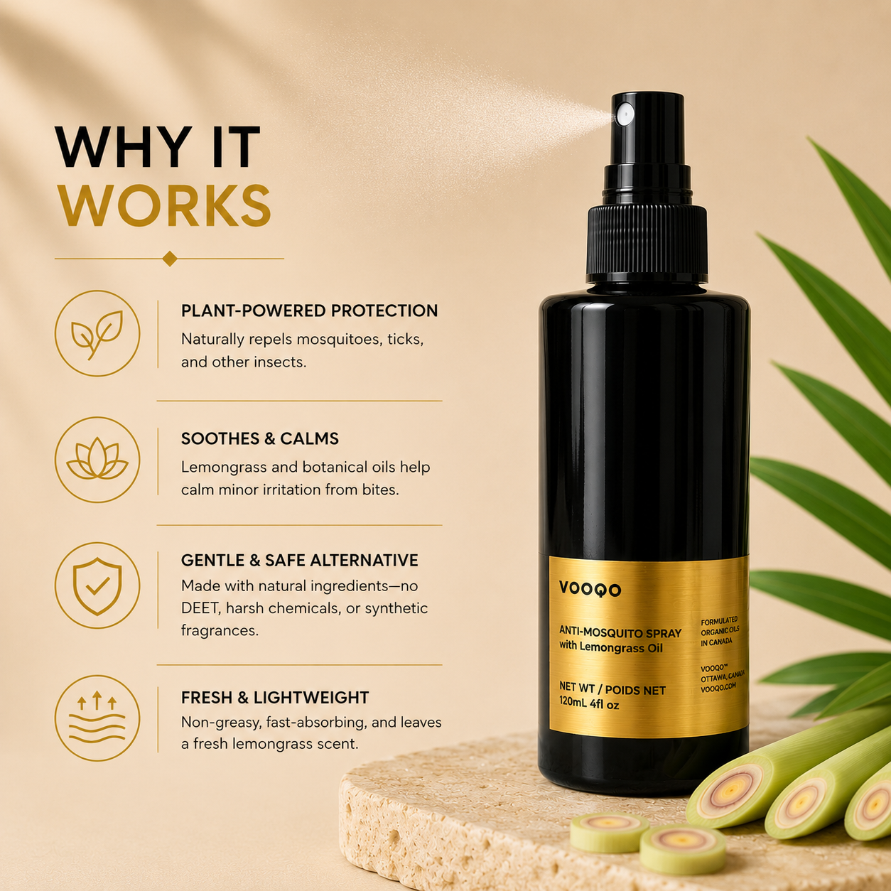 Benefits of Vooqo Anti-Mosquito Spray with natural plant-powered protection against mosquitoes and insects