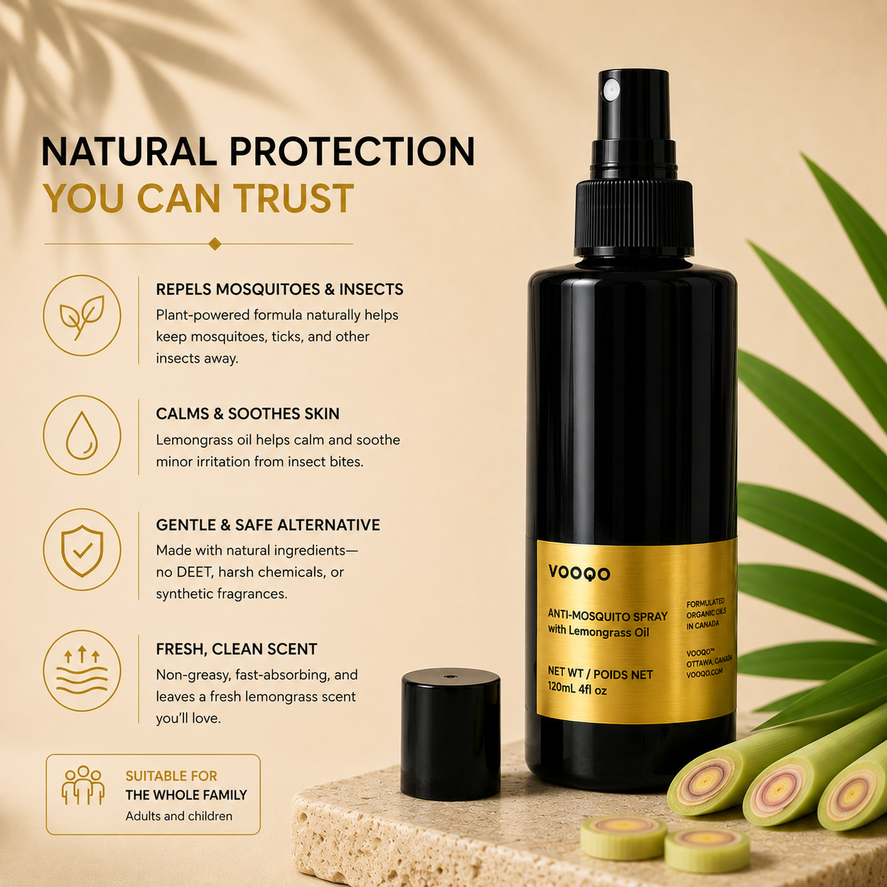 Vooqo Anti-Mosquito Spray with natural DEET-free plant-powered protection for adults and children