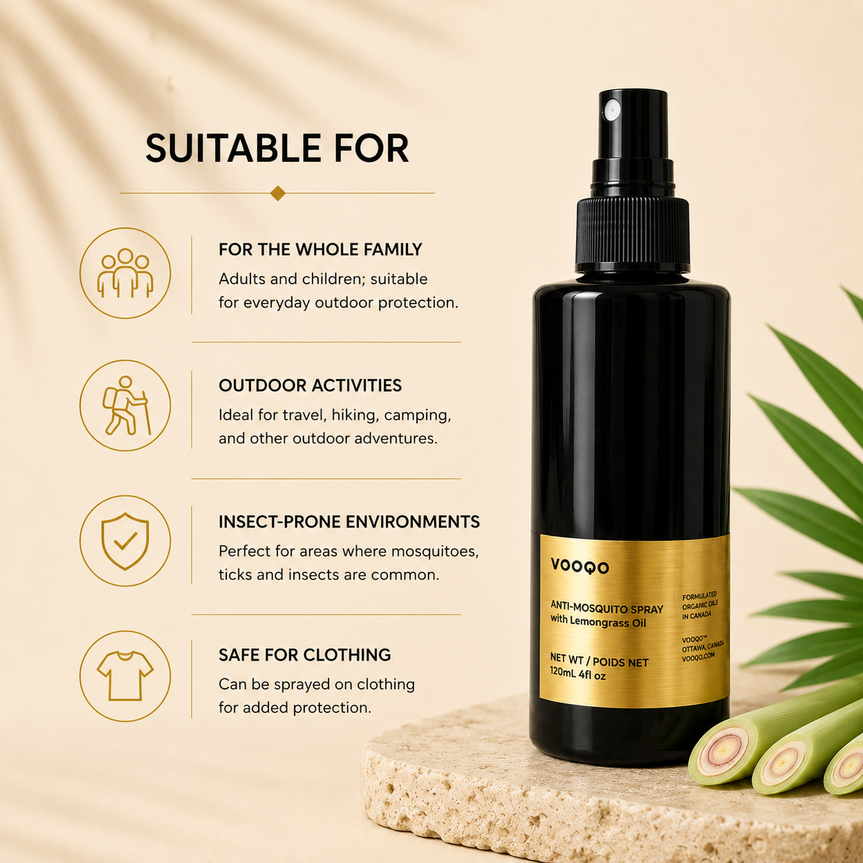 Vooqo Anti-Mosquito Spray suitable for adults and children during travel, hiking and outdoor activities