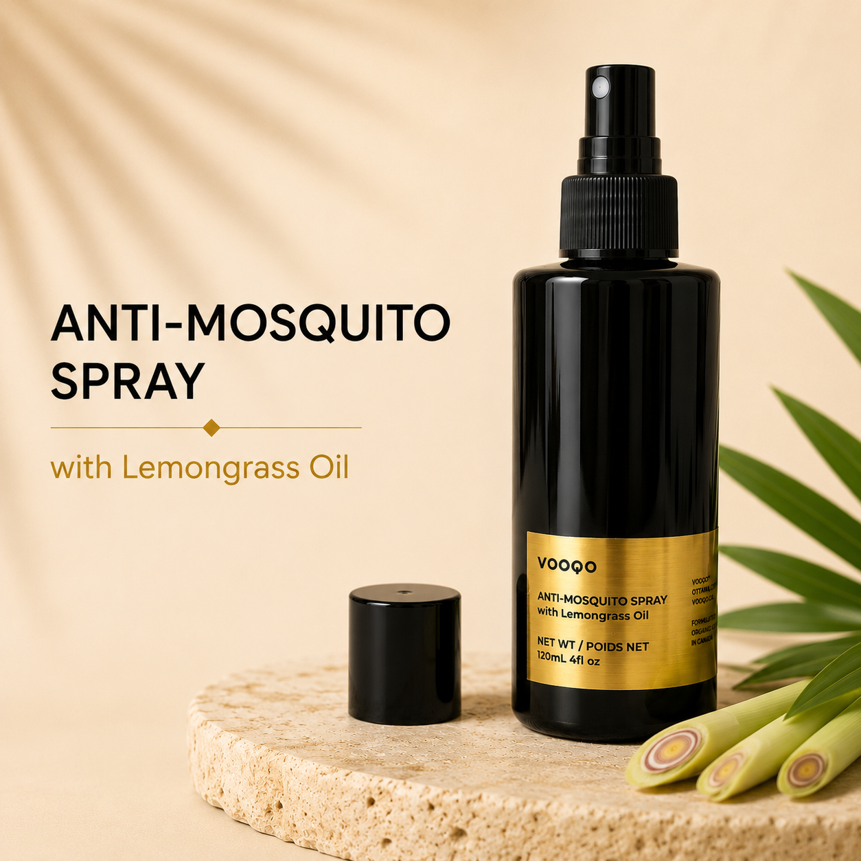 Vooqo Anti-Mosquito Spray with Lemongrass Oil, a plant-powered DEET-free insect repellent spray