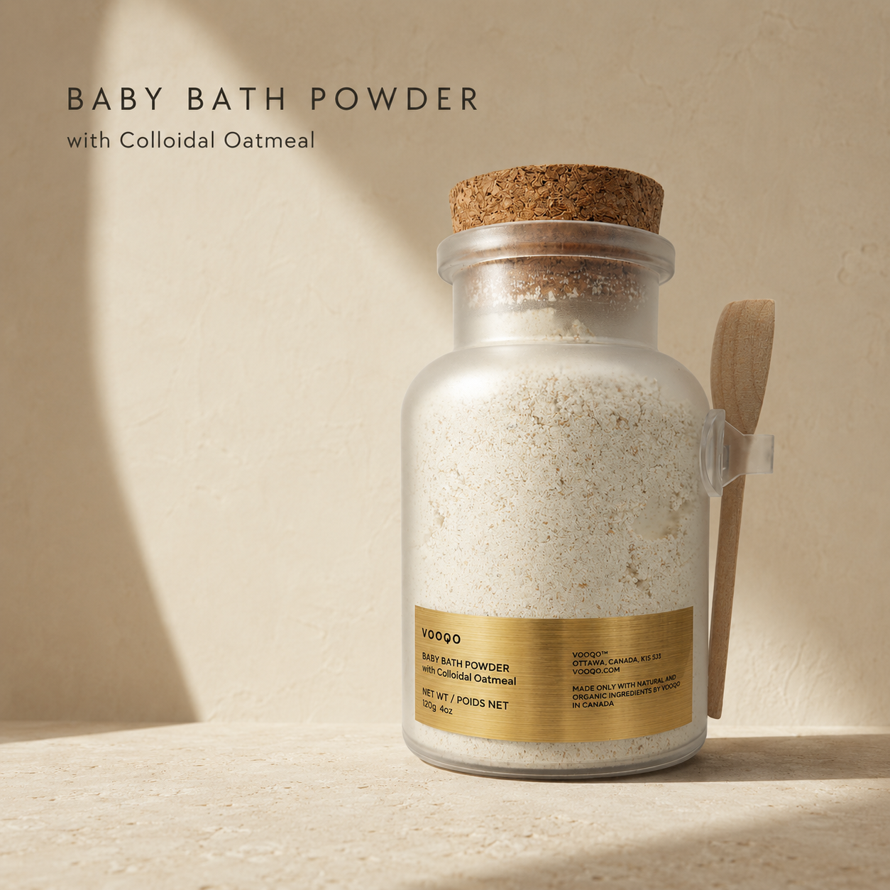 Vooqo Baby Bath Powder with colloidal oatmeal and wooden measuring spoon