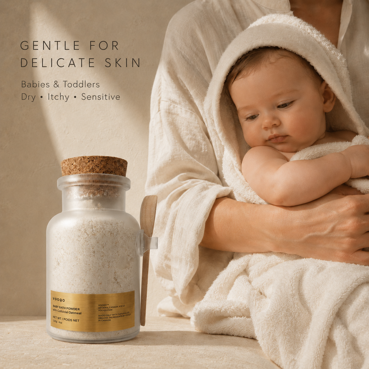 Vooqo Baby Bath Powder for babies and toddlers with dry, itchy or sensitive skin
