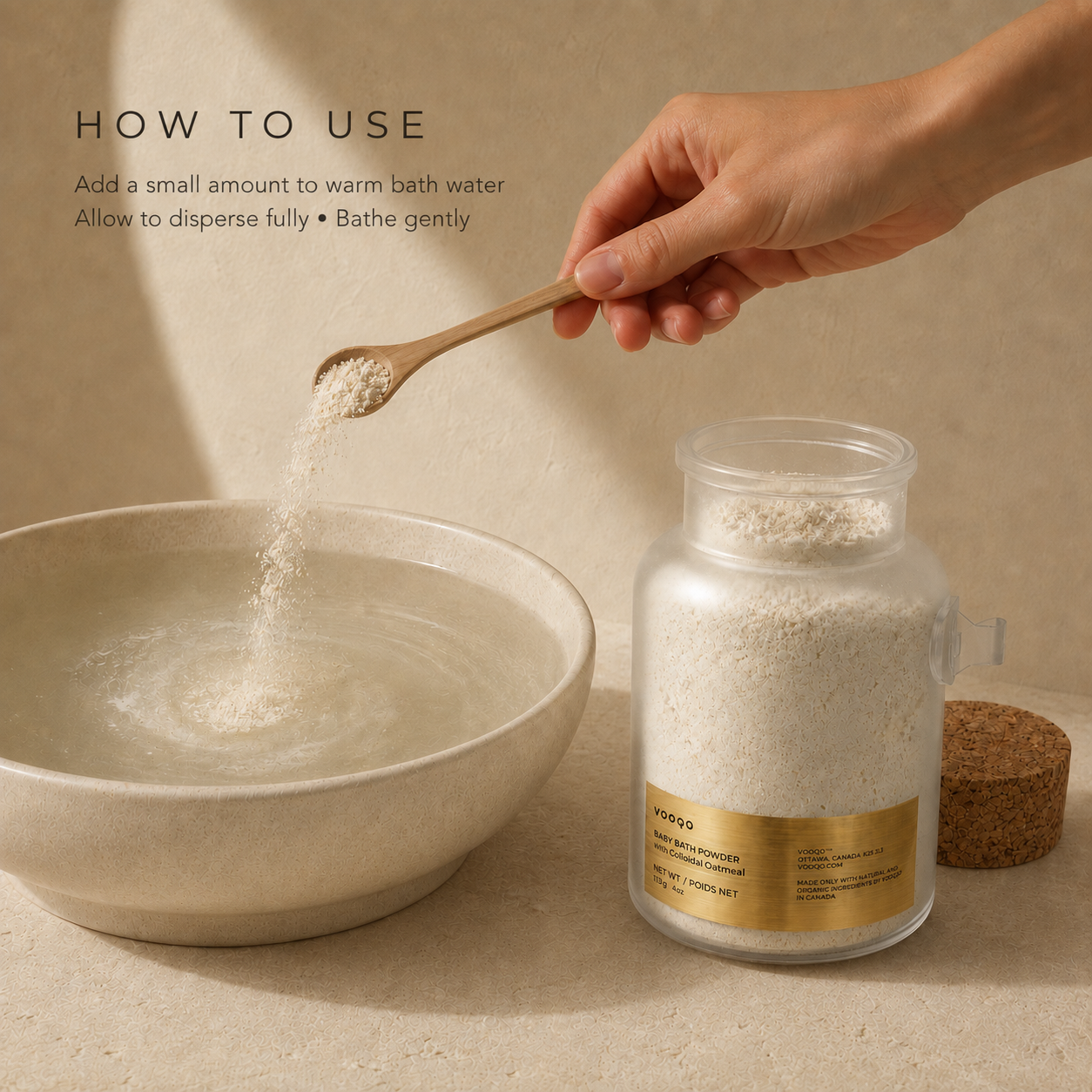 Adding Vooqo Baby Bath Powder to warm water and allowing the colloidal oatmeal to disperse