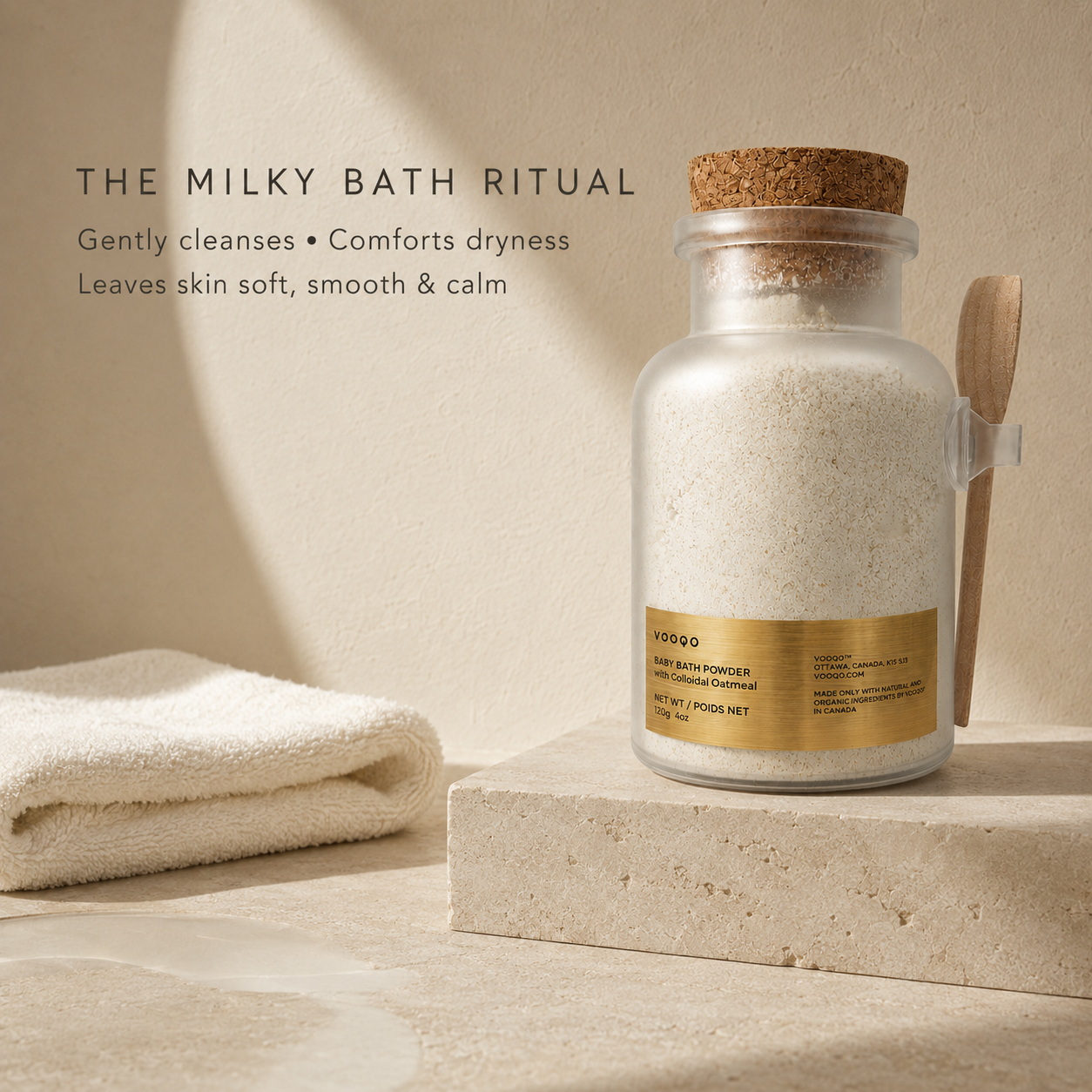 Vooqo Baby Bath Powder for a soothing milky bath that leaves delicate skin soft and calm