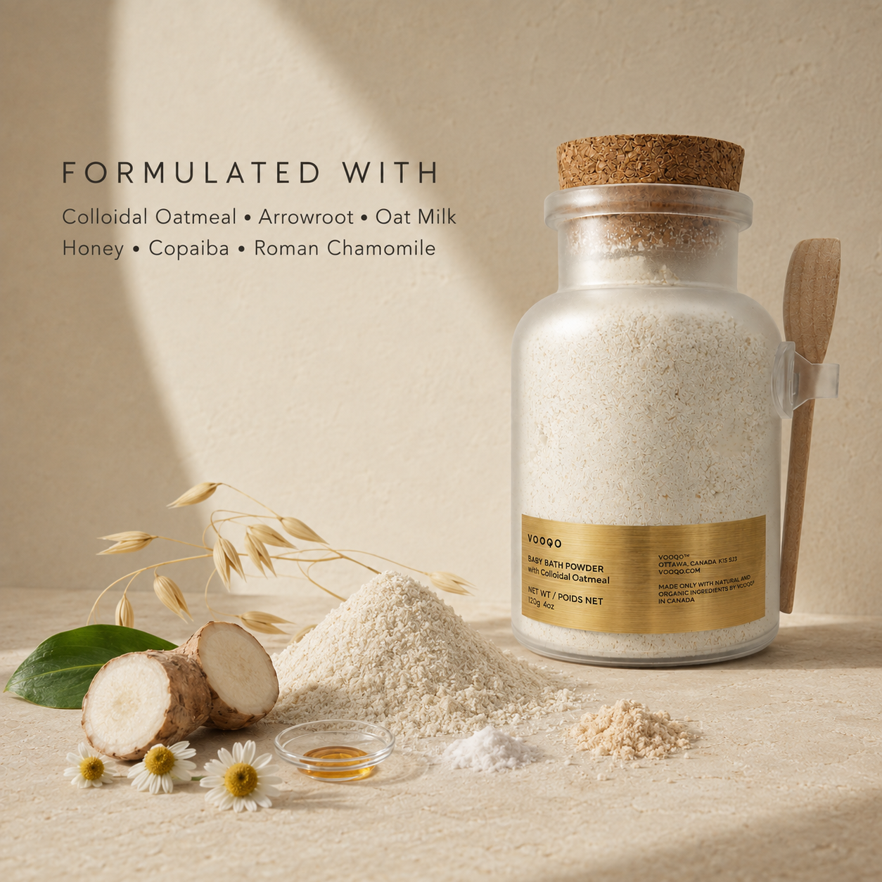 Vooqo Baby Bath Powder formulated with colloidal oatmeal, arrowroot, oat milk, honey, copaiba and Roman chamomile
