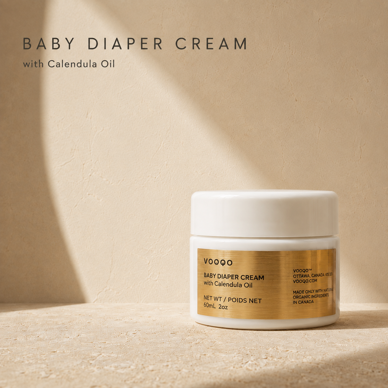 Vooqo Baby Diaper Cream with calendula oil in a premium warm ivory setting