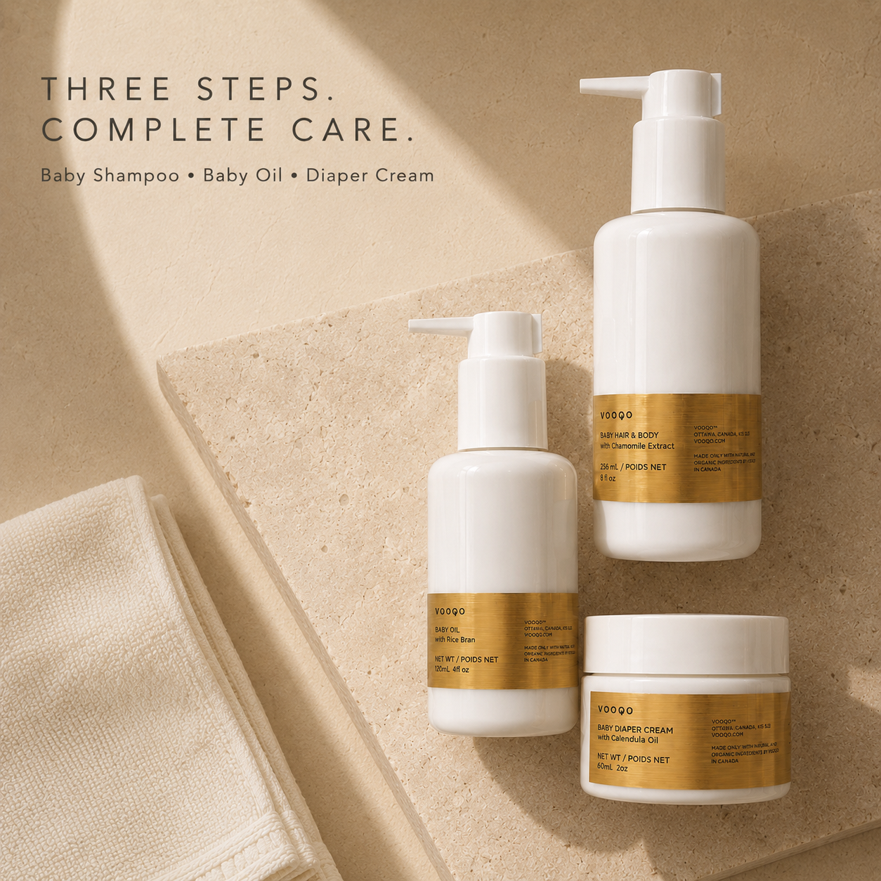 Vooqo Baby Harmony Ritual complete three-step care with Baby Shampoo, Baby Oil and Diaper Cream