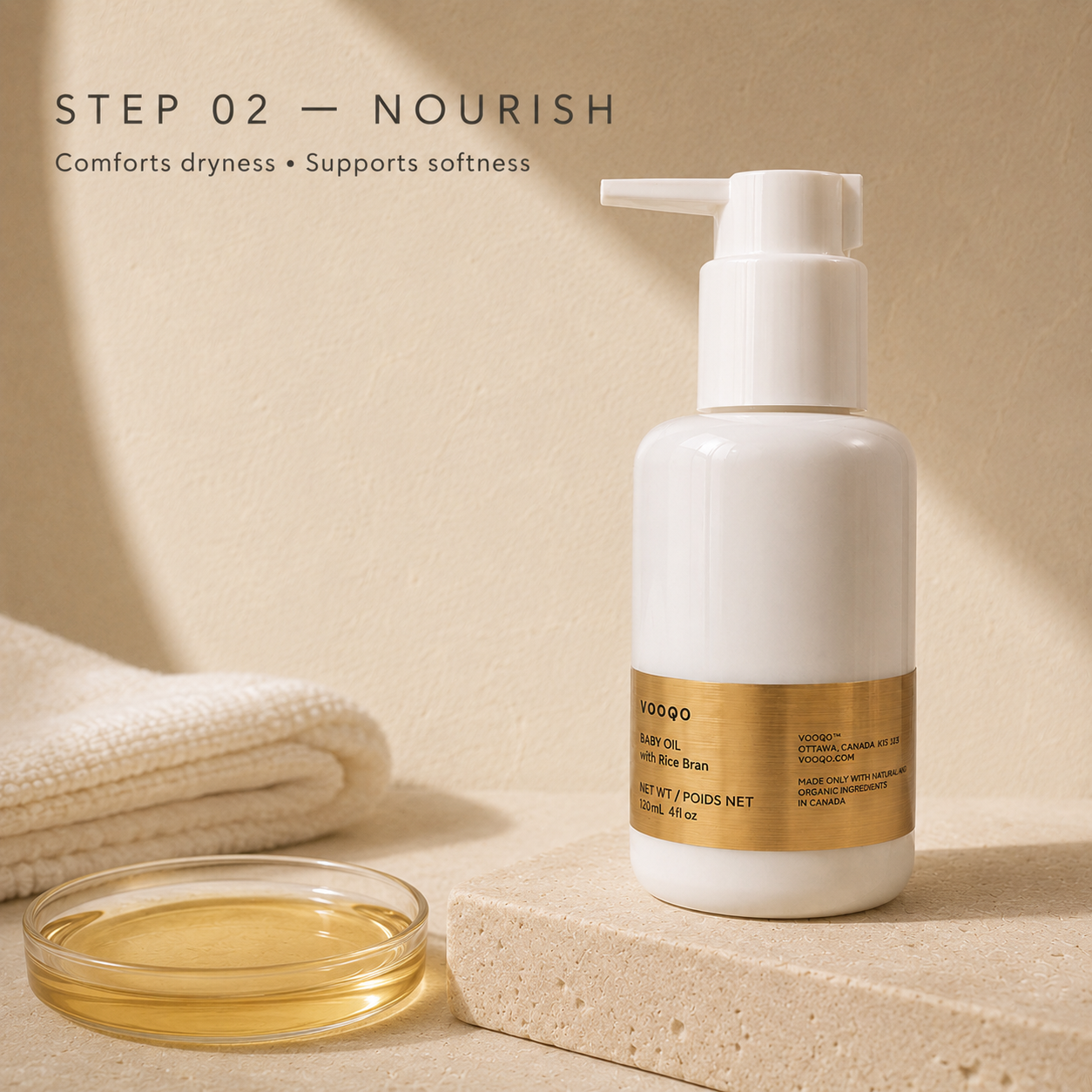 Vooqo Baby Oil nourishing step in The Baby Harmony Ritual