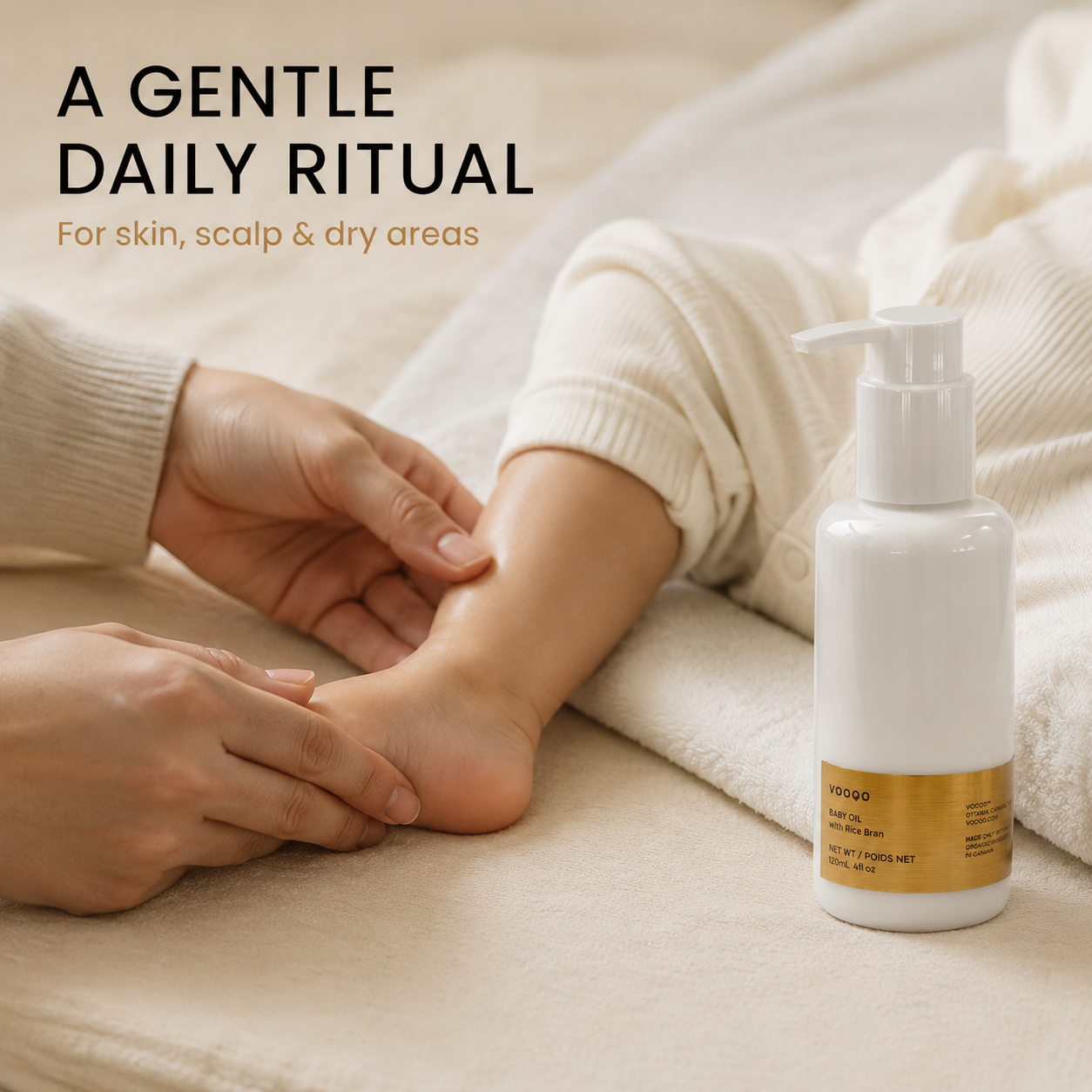 Caregiver gently massaging a baby’s leg with Vooqo Baby Oil