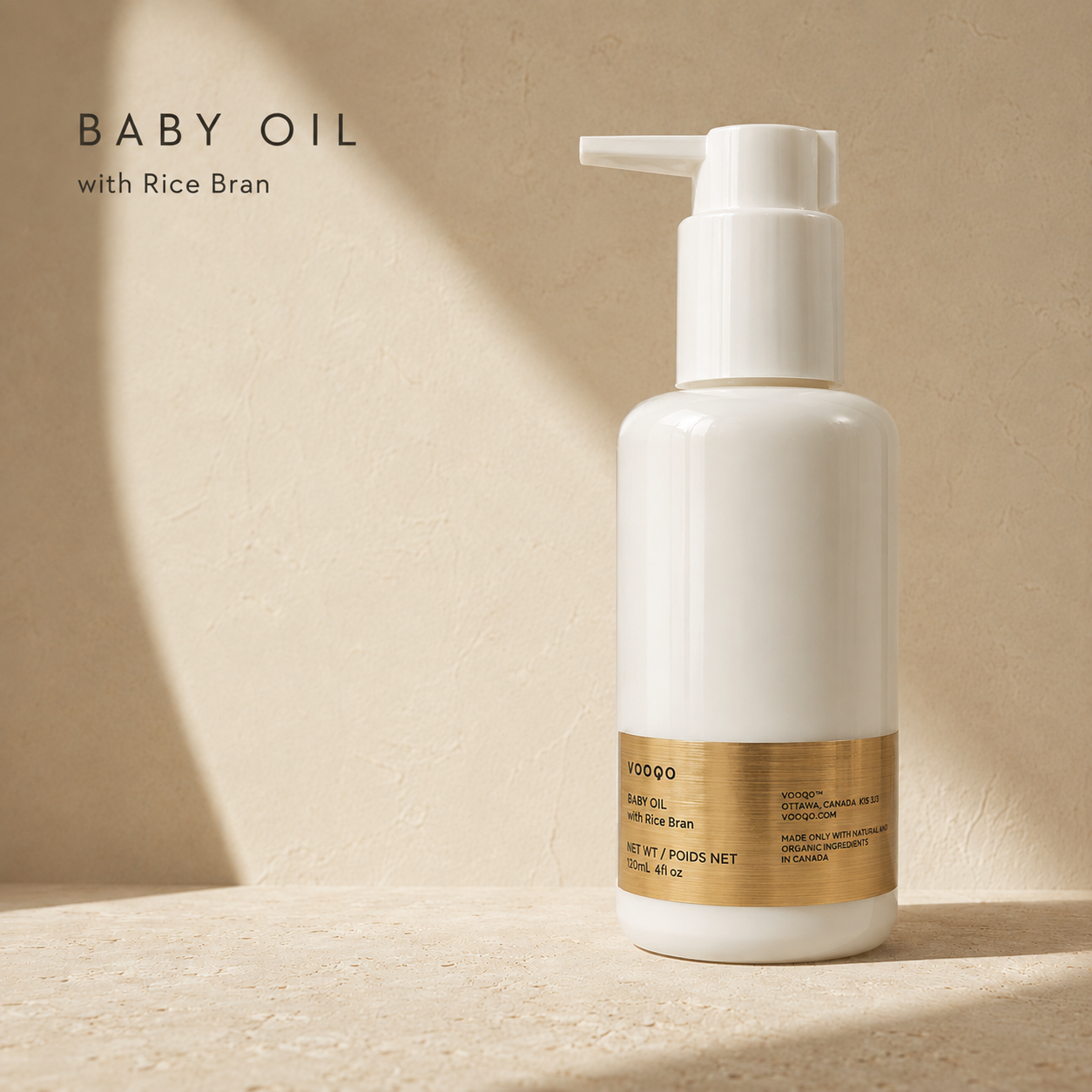 Vooqo Baby Oil with rice bran in premium warm ivory setting