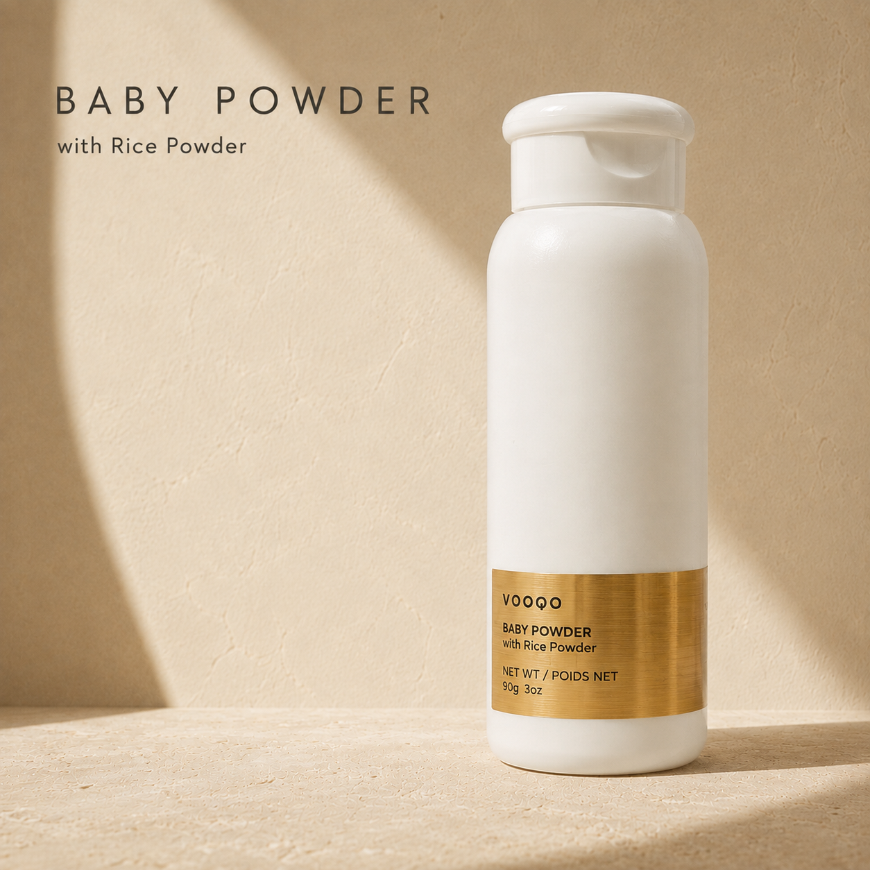 Vooqo Baby Powder with rice powder in a premium warm ivory setting