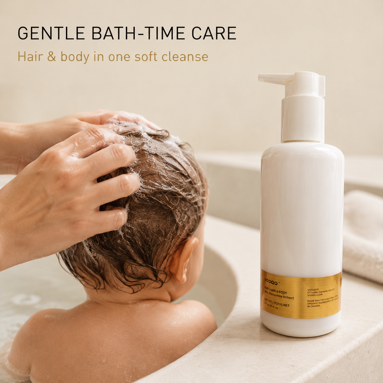 Caregiver gently washing a baby’s hair with Vooqo Baby Shampoo