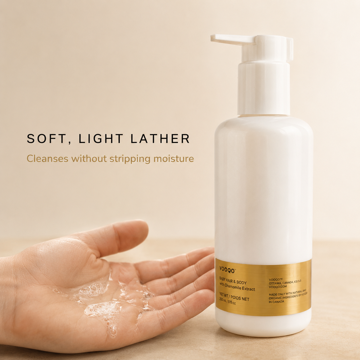 Soft lightweight lather of Vooqo Baby Shampoo beside the bottle