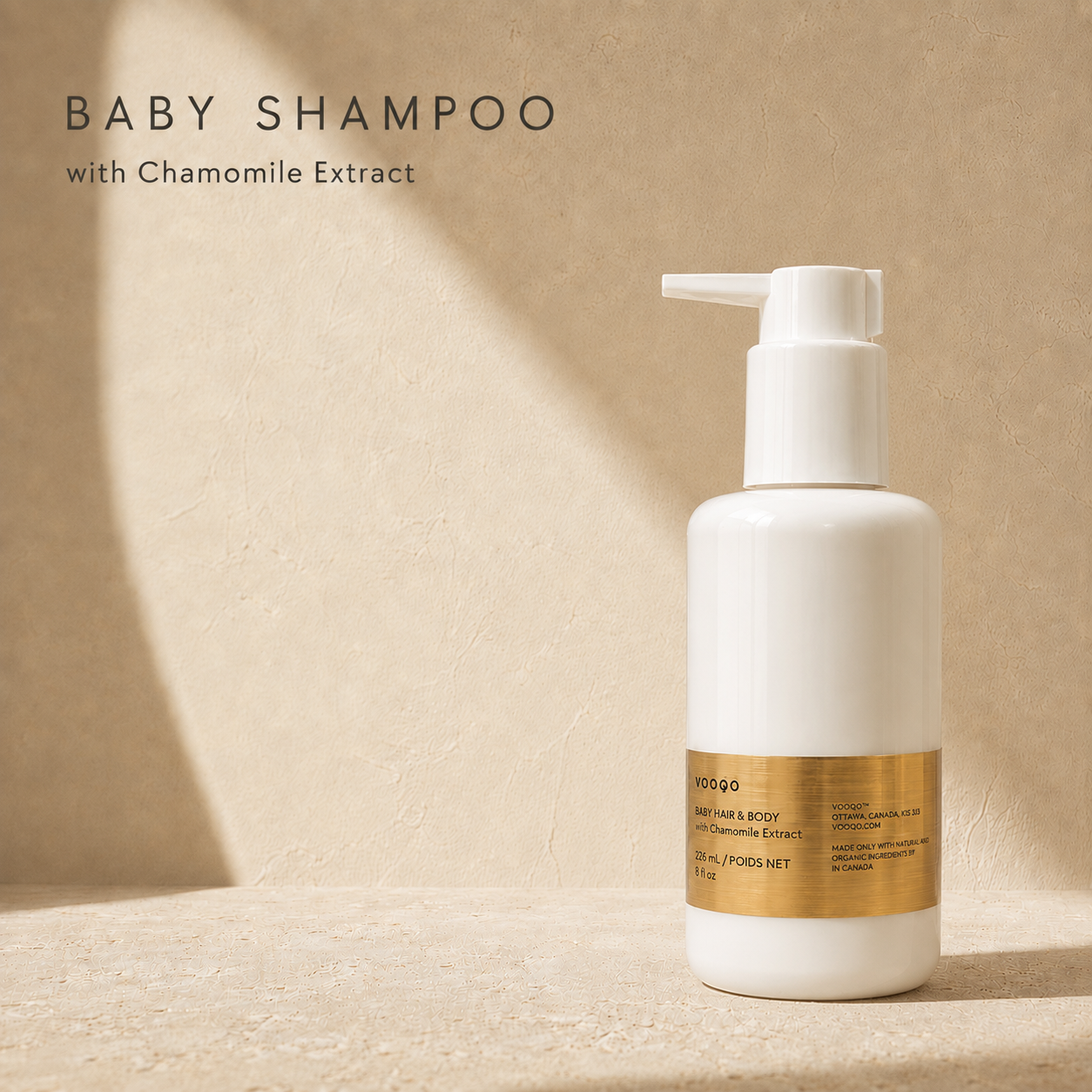 Vooqo Baby Shampoo with chamomile extract in a premium warm ivory setting