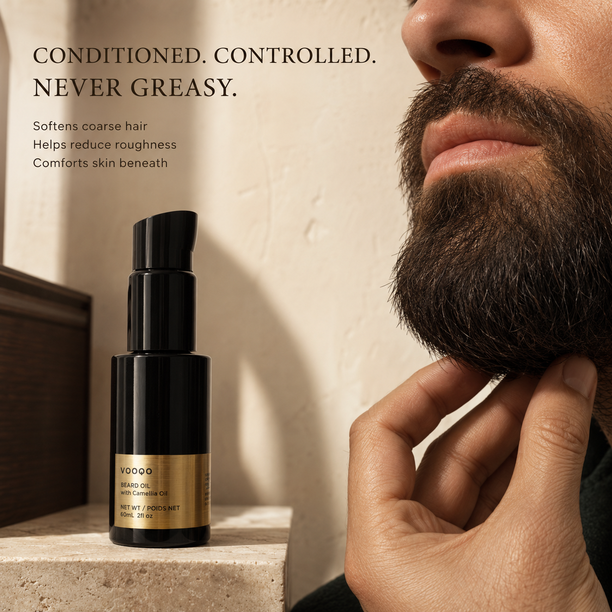Vooqo Beard Oil for a softened, controlled beard with a lightweight non-greasy finish