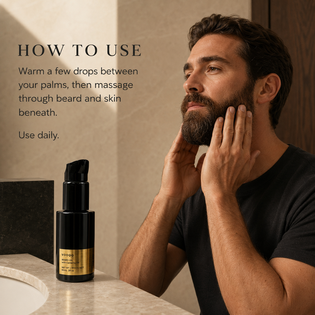 Man massaging Vooqo Beard Oil through his beard and the skin beneath