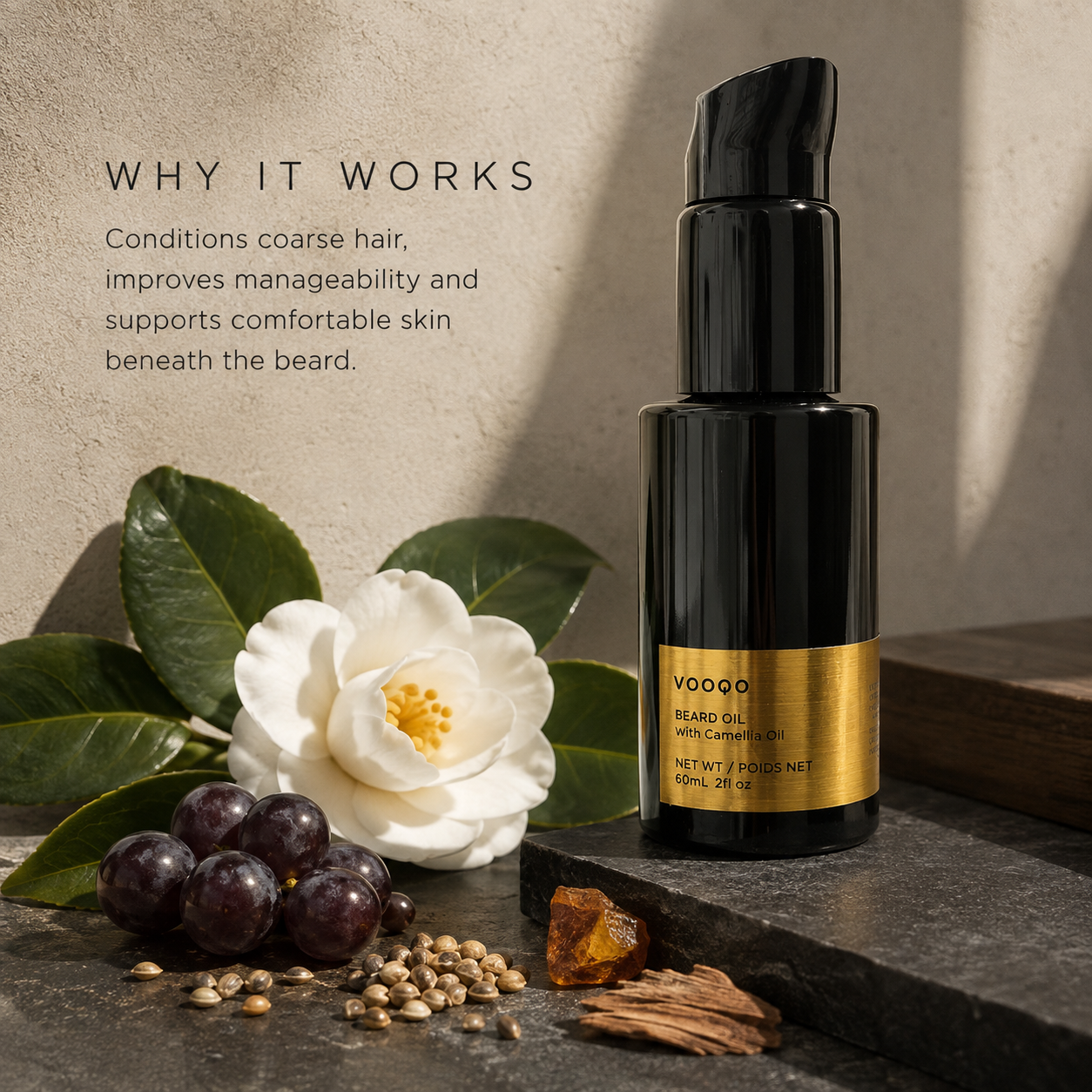 Vooqo Beard Oil with camellia, hemp, grapeseed, amber and cedarwood ingredients