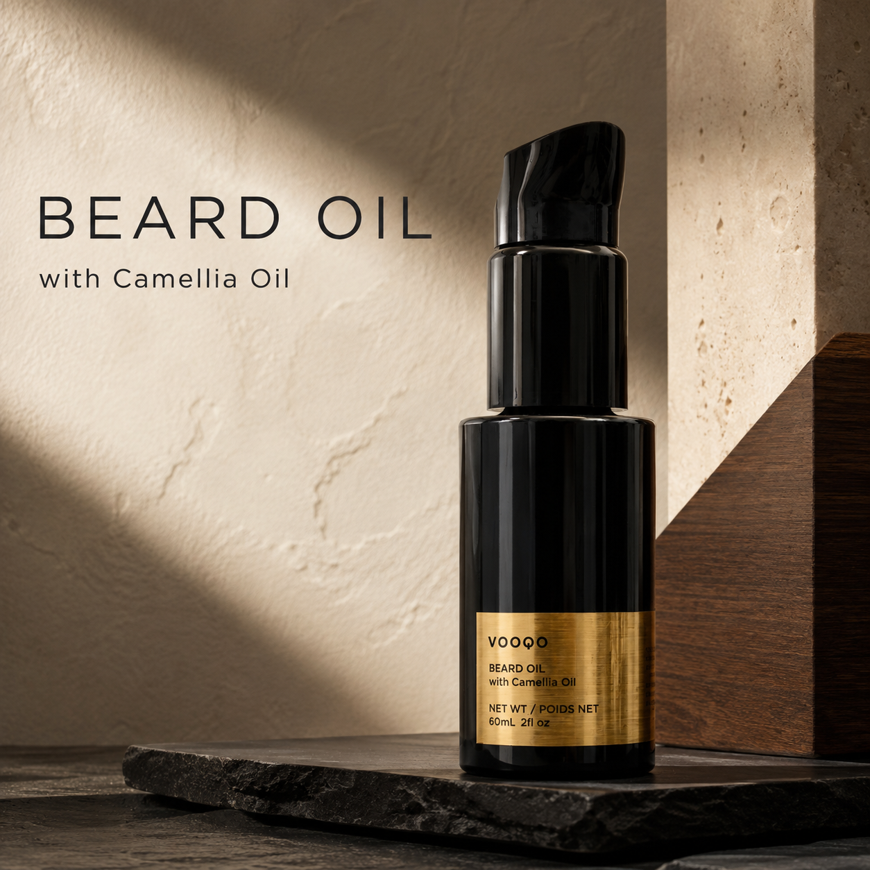 Vooqo Beard Oil with Camellia Oil in a premium masculine architectural setting