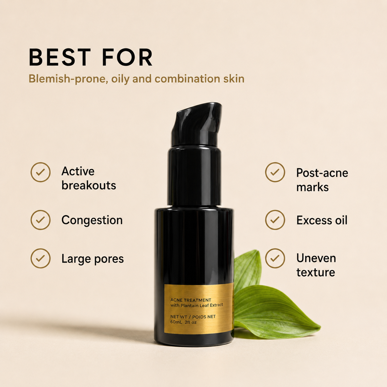 Best for image for Vooqo Blemish Solution highlighting blemish-prone, oily, and breakout-prone skin concerns.