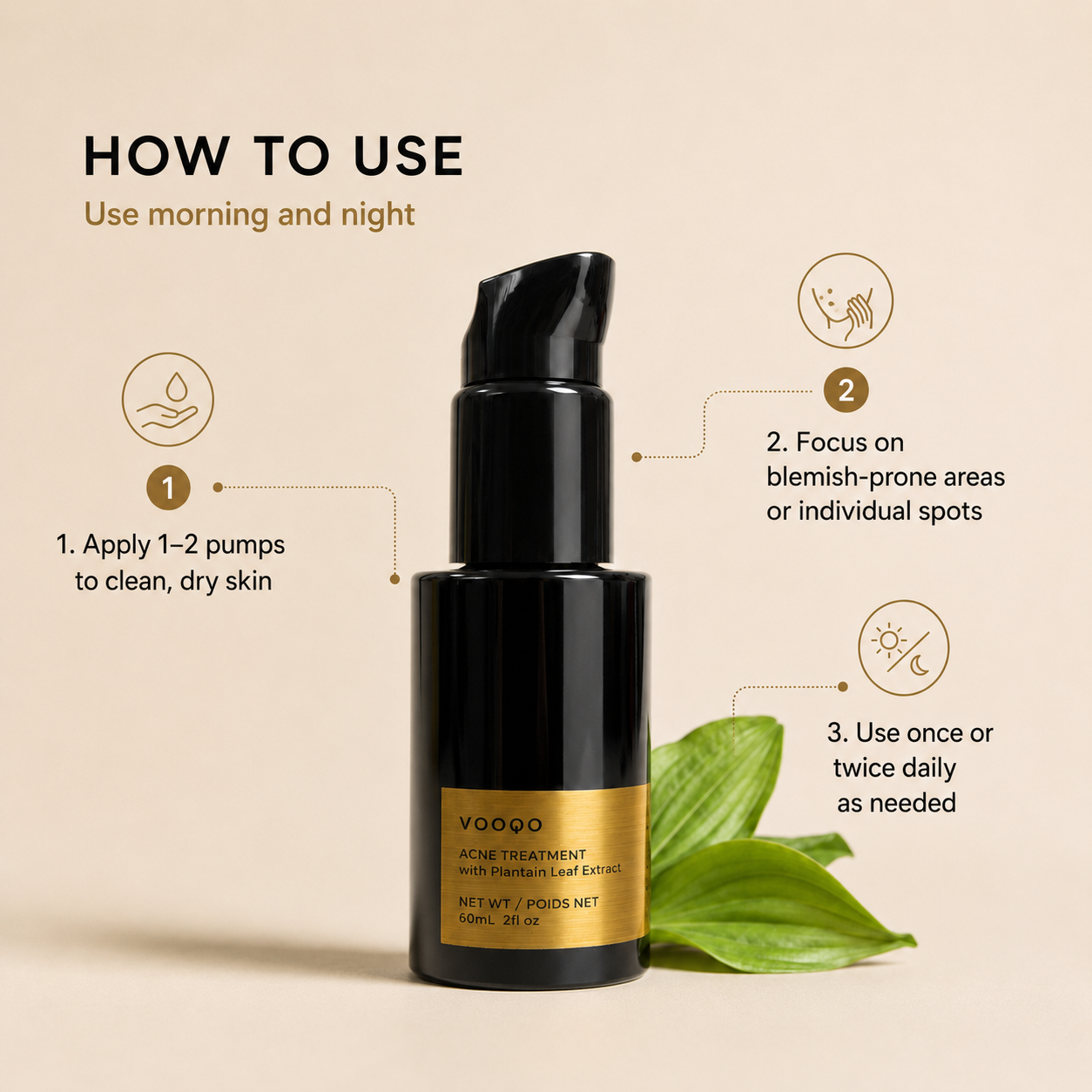 How to use Vooqo Blemish Solution infographic showing the best way to apply the treatment for blemish-prone skin.