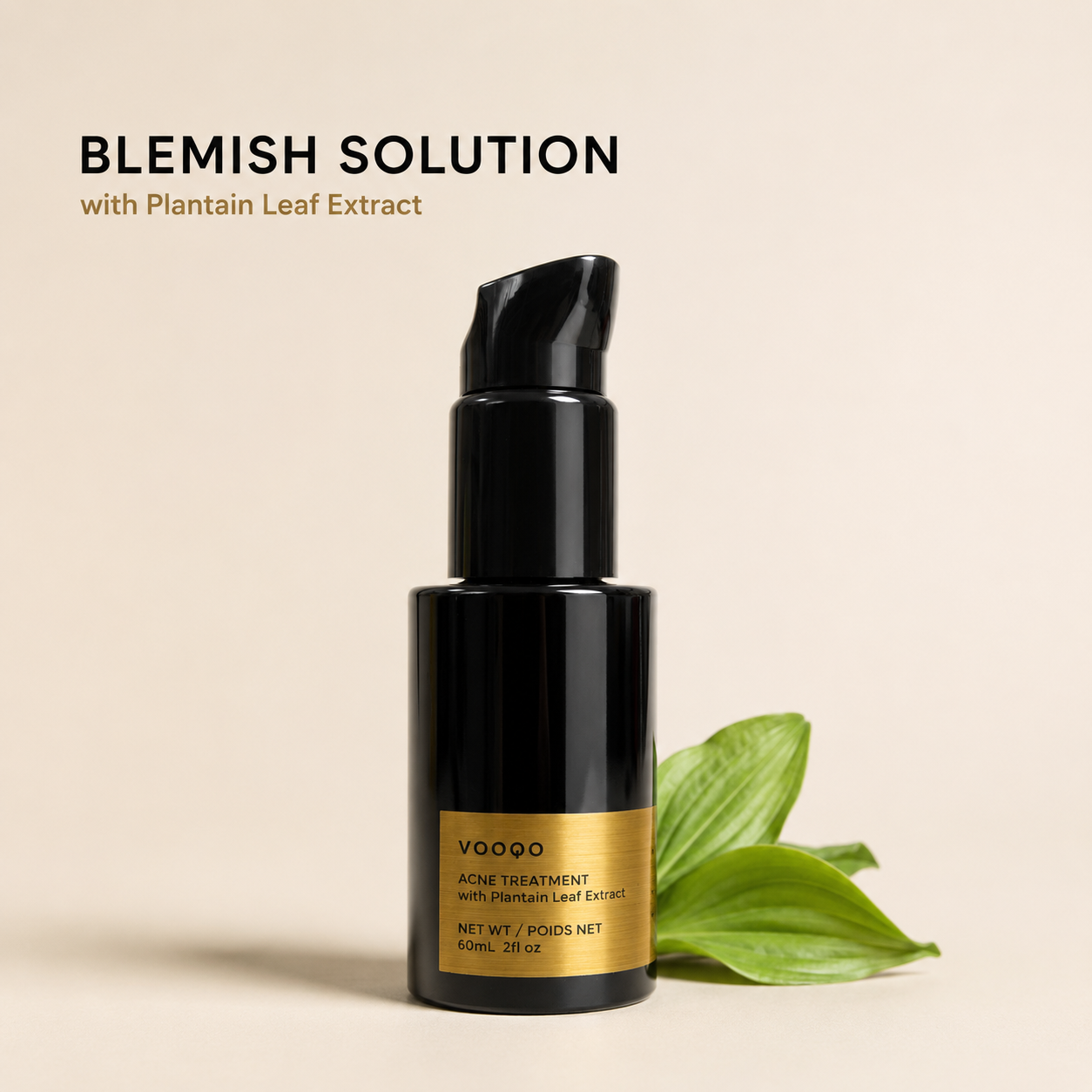 Vooqo Blemish Solution with Plantain Leaf Extract main product image showing the bottle on a soft neutral background.