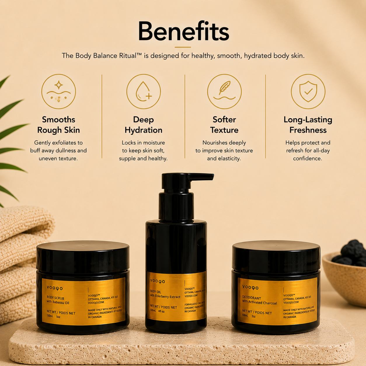 Benefits of the Vooqo Body Balance Ritual including smoother skin, deep hydration, softer texture and lasting freshness.