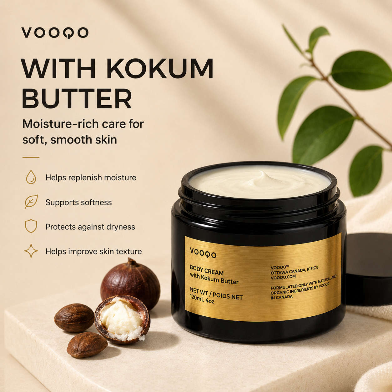 Vooqo Body Cream with Kokum Butter ingredient benefit image showing moisture-rich care for soft smooth skin, moisture replenishment, softness, dryness protection, and improved skin texture.
