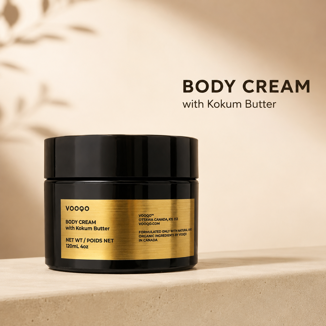 Vooqo Body Cream with Kokum Butter main product image with black jar, gold label, and warm neutral background.