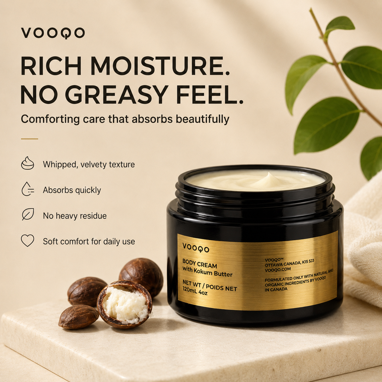 Vooqo Body Cream with Kokum Butter objection-handling image showing rich moisture with no greasy feel, quick absorption, no heavy residue, and daily skin comfort.