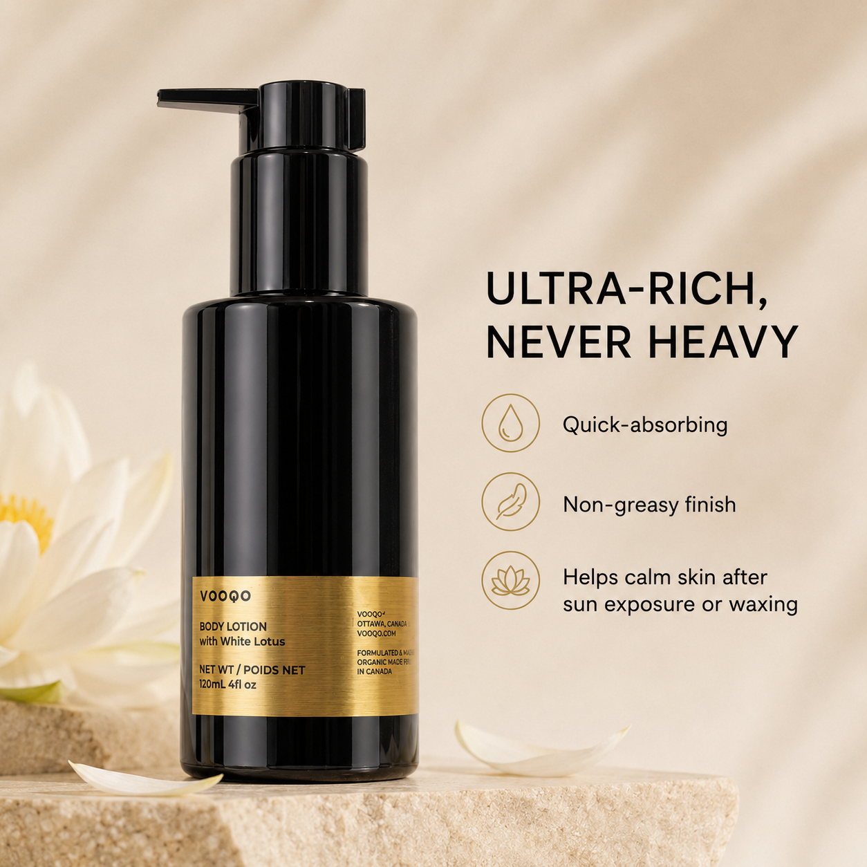 Vooqo Body Lotion with White Lotus texture image showing creamy smooth fast-absorbing lotion texture with a soft elegant finish.