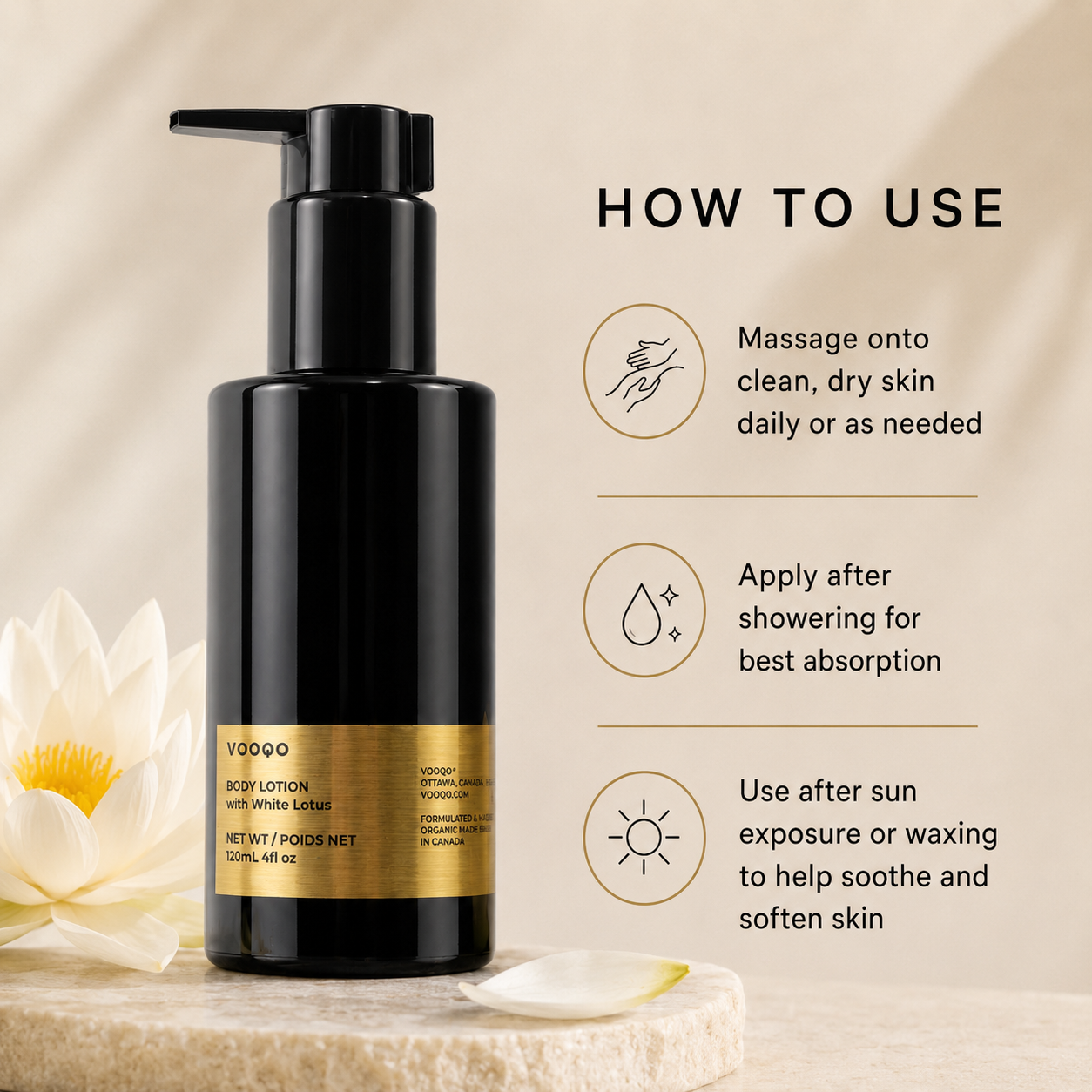 Vooqo Body Lotion with White Lotus how to use image showing massage onto clean dry skin daily or as needed, apply after showering, and use after sun exposure or waxing.