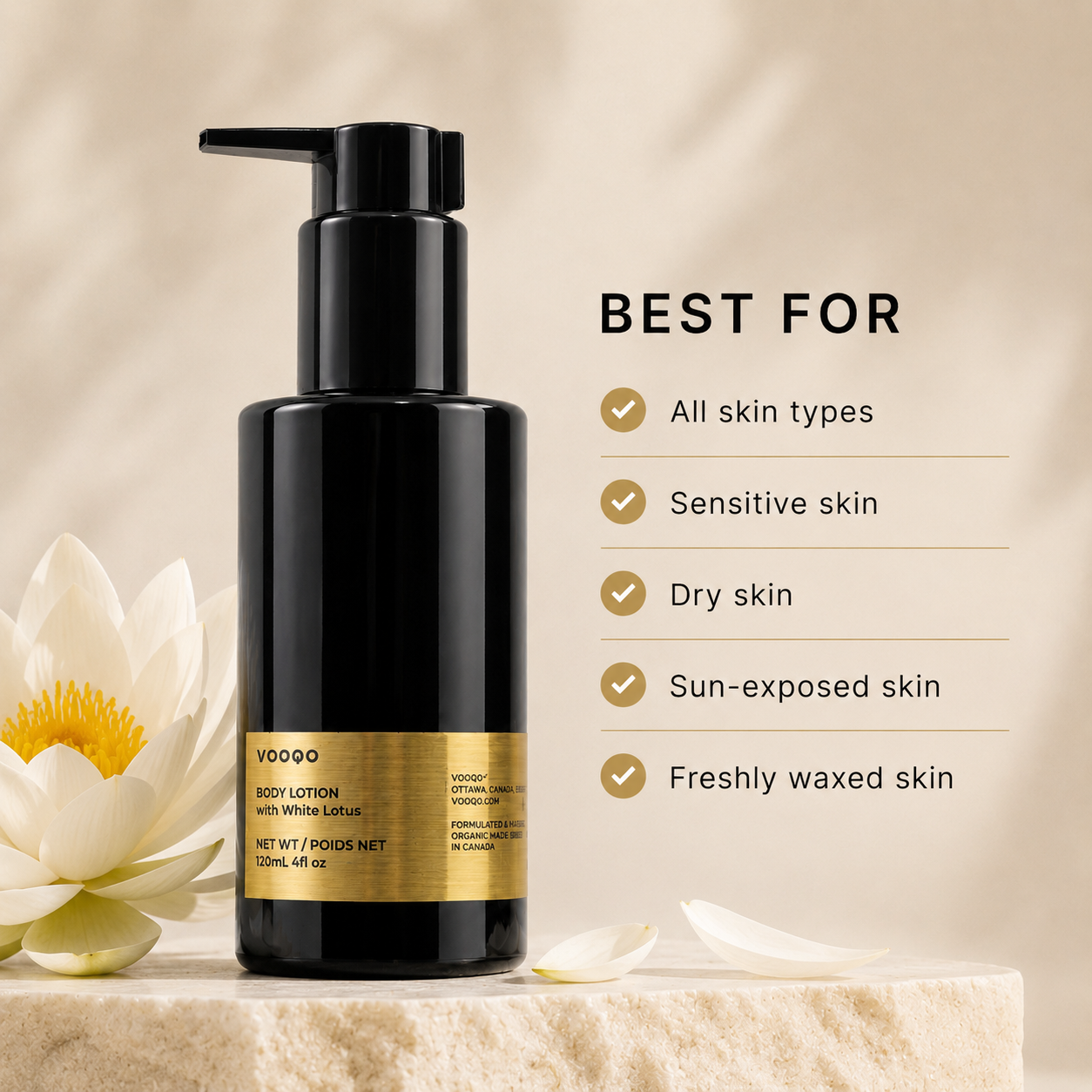 Vooqo Body Lotion with White Lotus benefits image showing hydration, soothing care, softening support, 12-hour moisture, fast absorption, and smoother-looking skin.