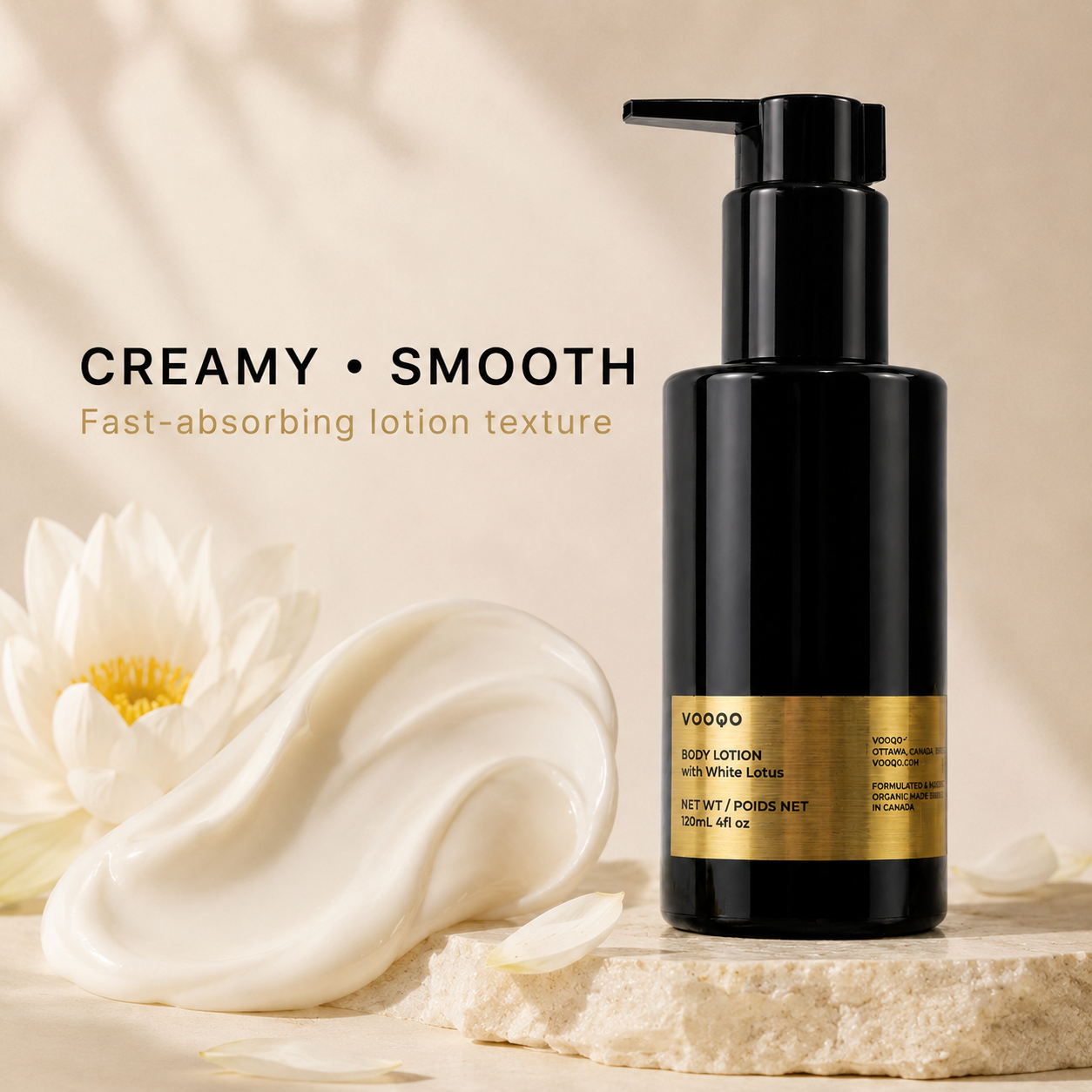 Vooqo Body Lotion with White Lotus objection-handling image showing ultra-rich care that is never heavy, quick absorbing, non-greasy, and comforting after sun exposure or waxing.