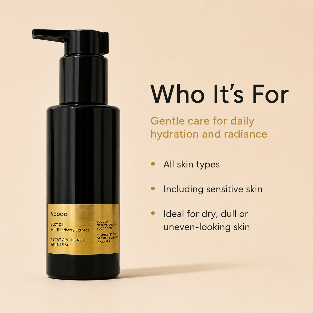 Vooqo Body Oil with Elderberry Extract how to use image showing apply to clean skin, massage in upward circular motions, use daily on arms thighs and abdomen, and support hydration and comfort.