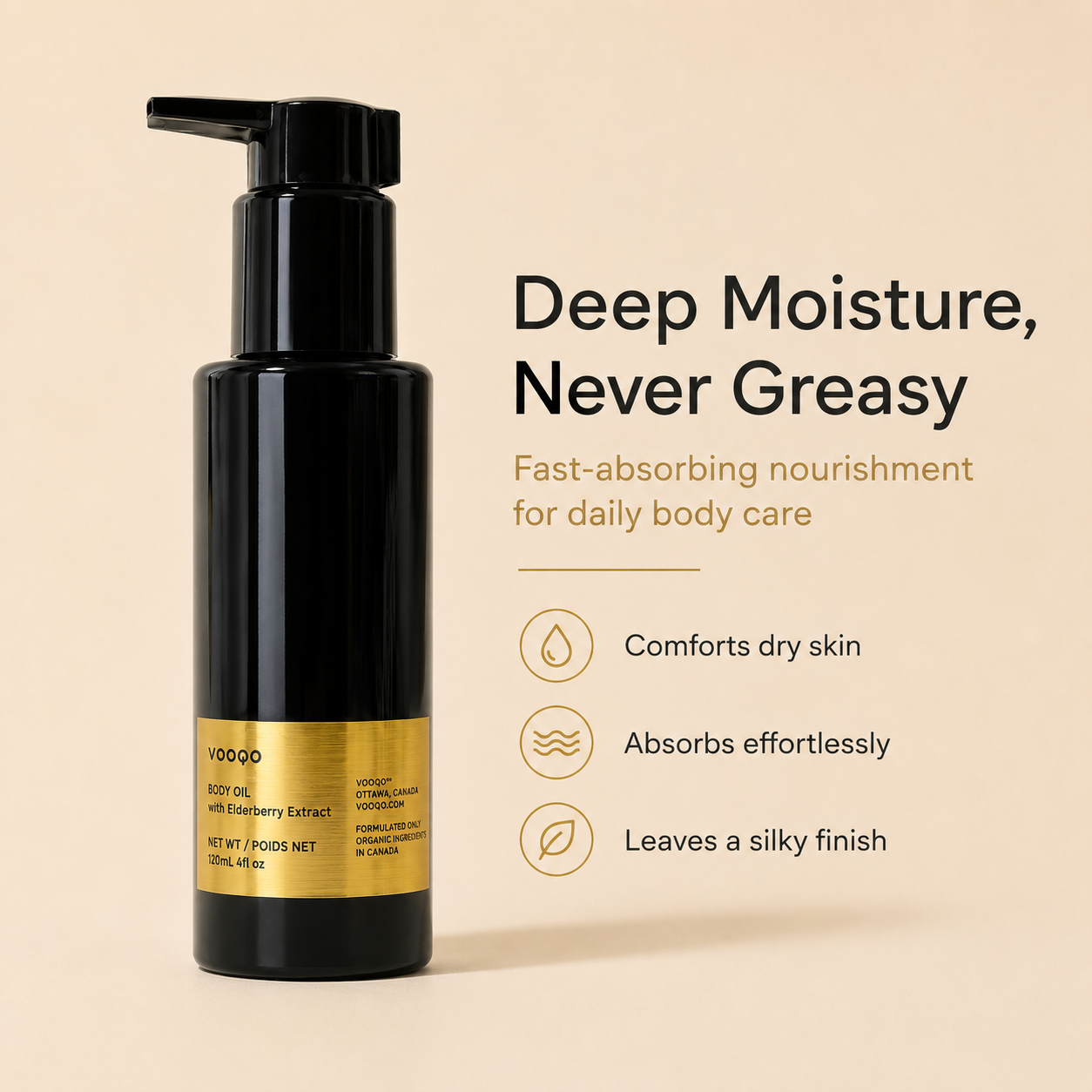 Vooqo Body Oil with Elderberry Extract benefits image showing nourishment, hydration, restored radiance, smoother-looking texture, and soft glowing skin.