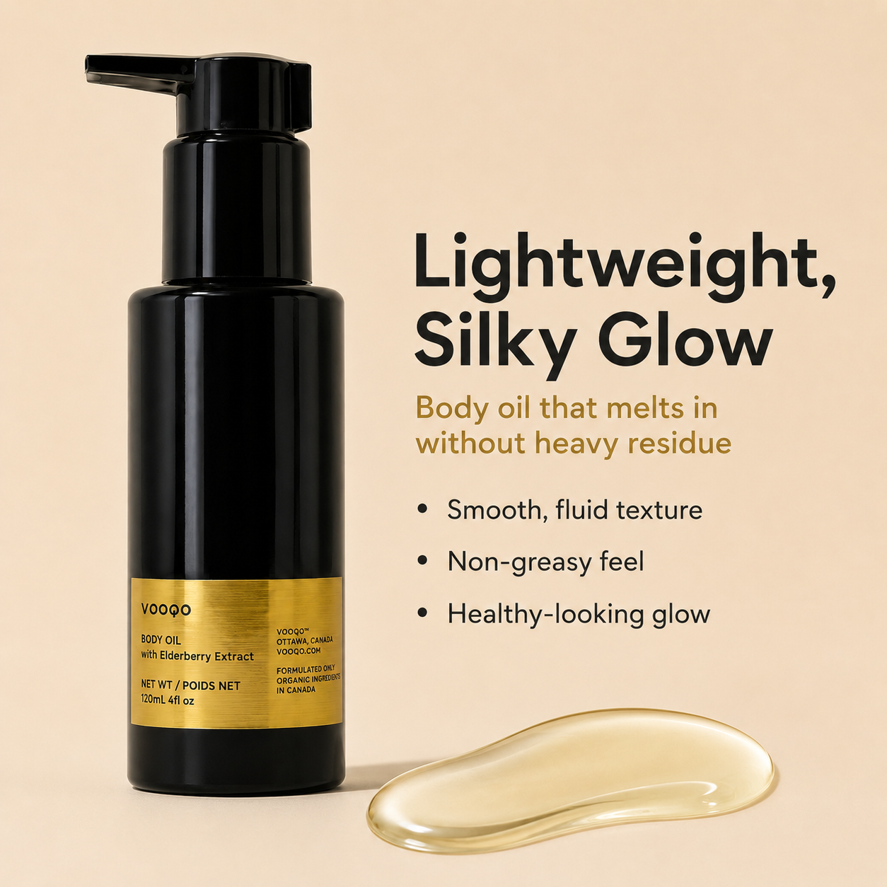 Vooqo Body Oil with Elderberry Extract objection-handling image showing deep moisture that is never greasy, fast absorbing, comforting for dry skin, and leaves a silky finish.