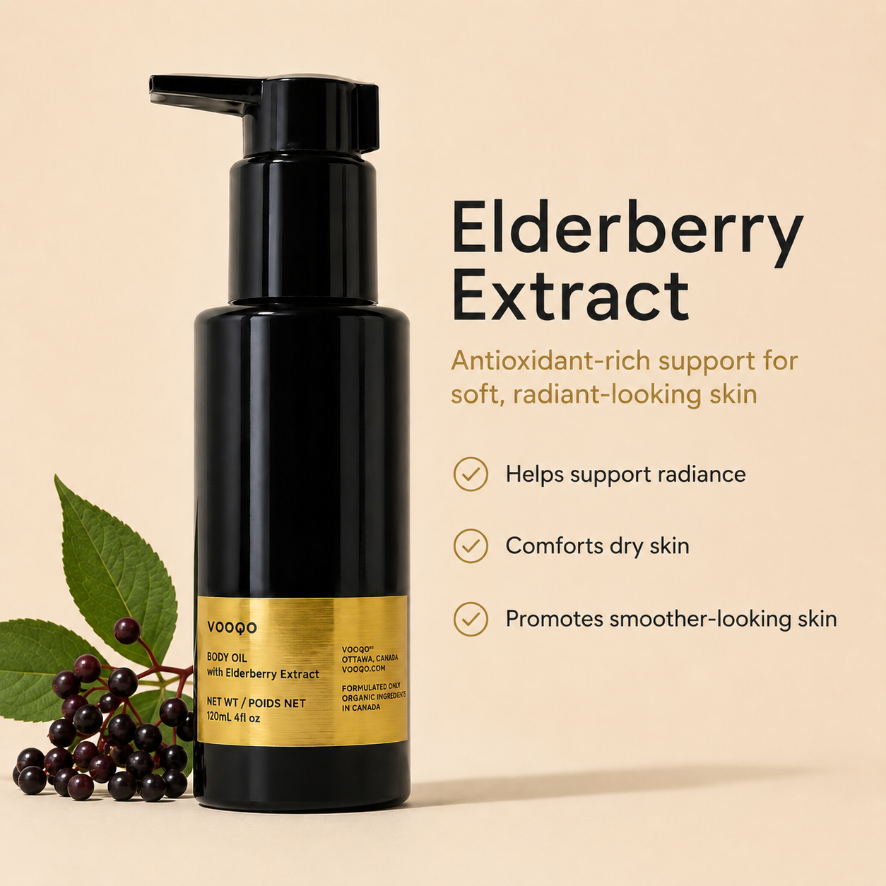 Vooqo Body Oil with Elderberry Extract who it is for image showing gentle daily hydration and radiance for all skin types, sensitive skin, dry dull or uneven-looking skin.