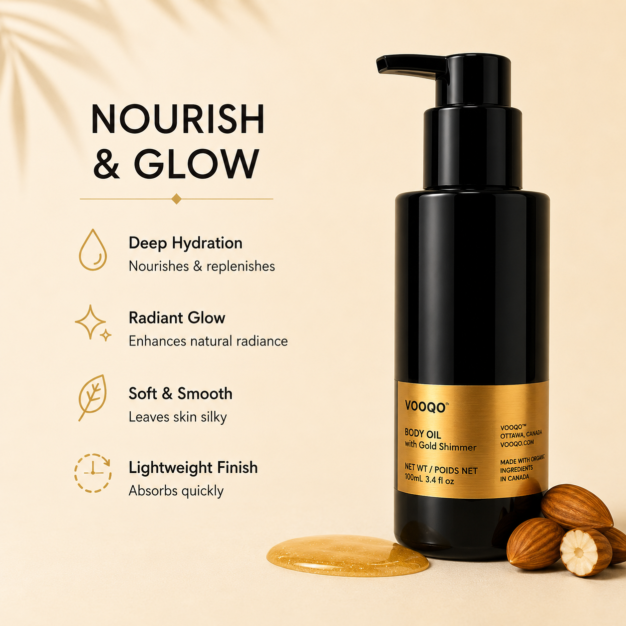 Vooqo Body Oil with Gold Shimmer benefits for hydration, nourishment, smooth skin and a luminous golden glow.