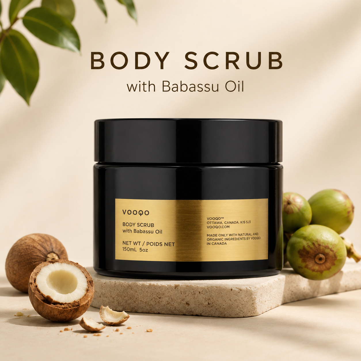 Vooqo Body Scrub with Babassu Oil main product image with black jar, gold label, babassu fruits, and warm neutral background.