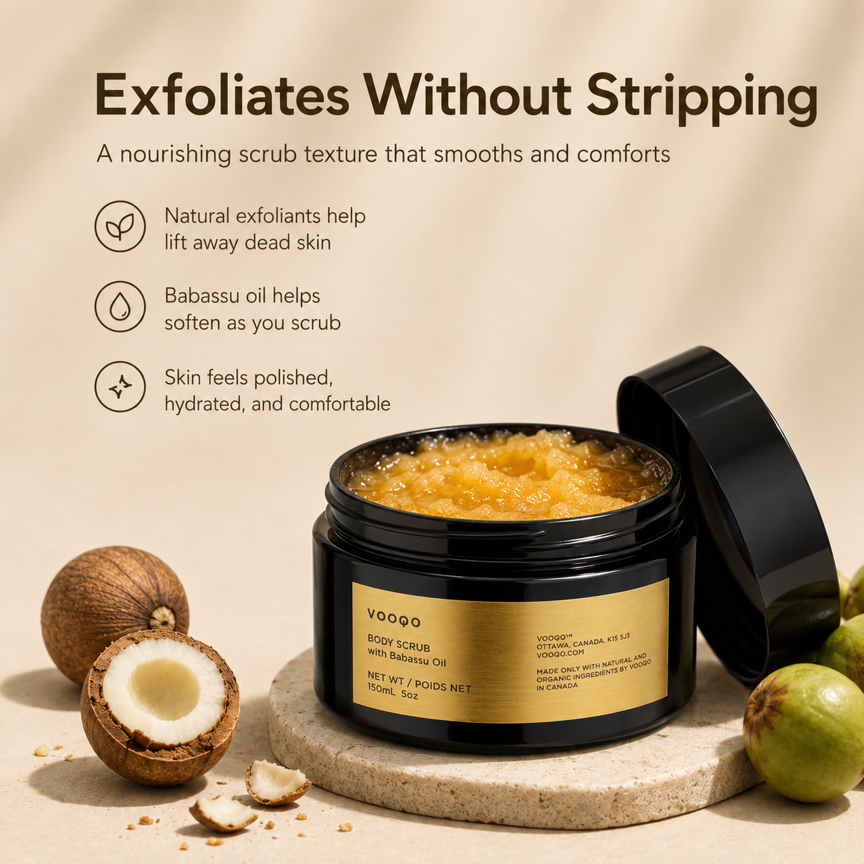 Vooqo Body Scrub with Babassu Oil benefits image showing smooth, polish, and renew benefits with gentle exfoliation for soft hydrated skin.
