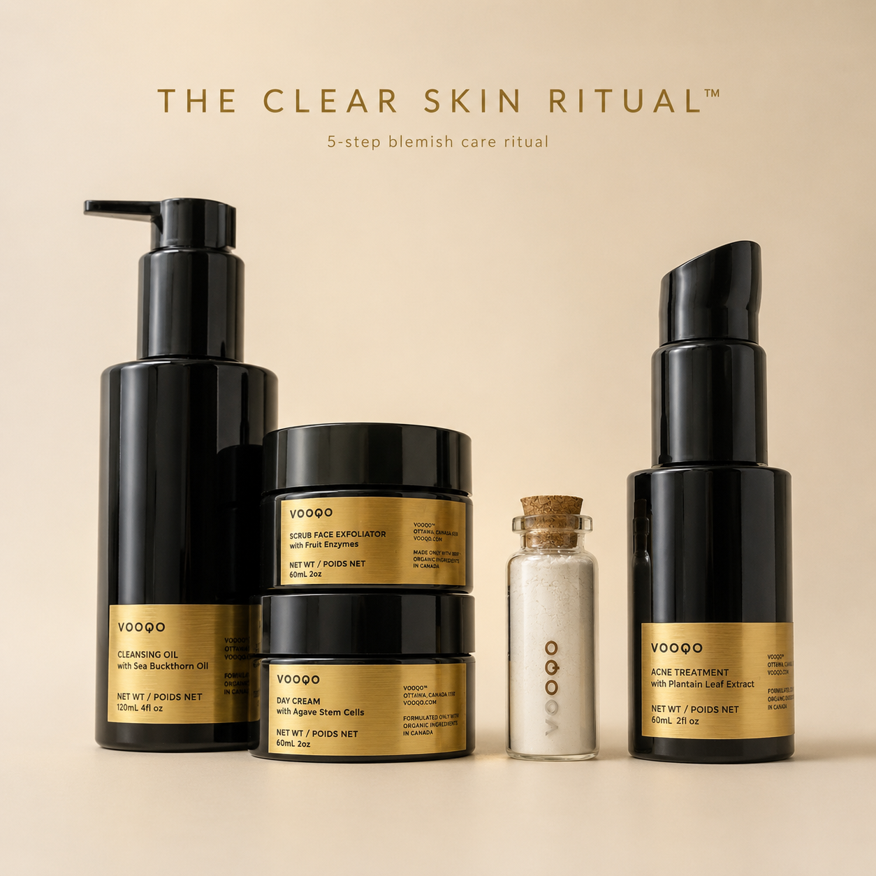 Vooqo The Clear Skin Ritual 5-step organic blemish care set with Cleansing Oil, Scrub Face Exfoliator, Day Cream SPF, Acne Treatment, and Blemish Eraser.