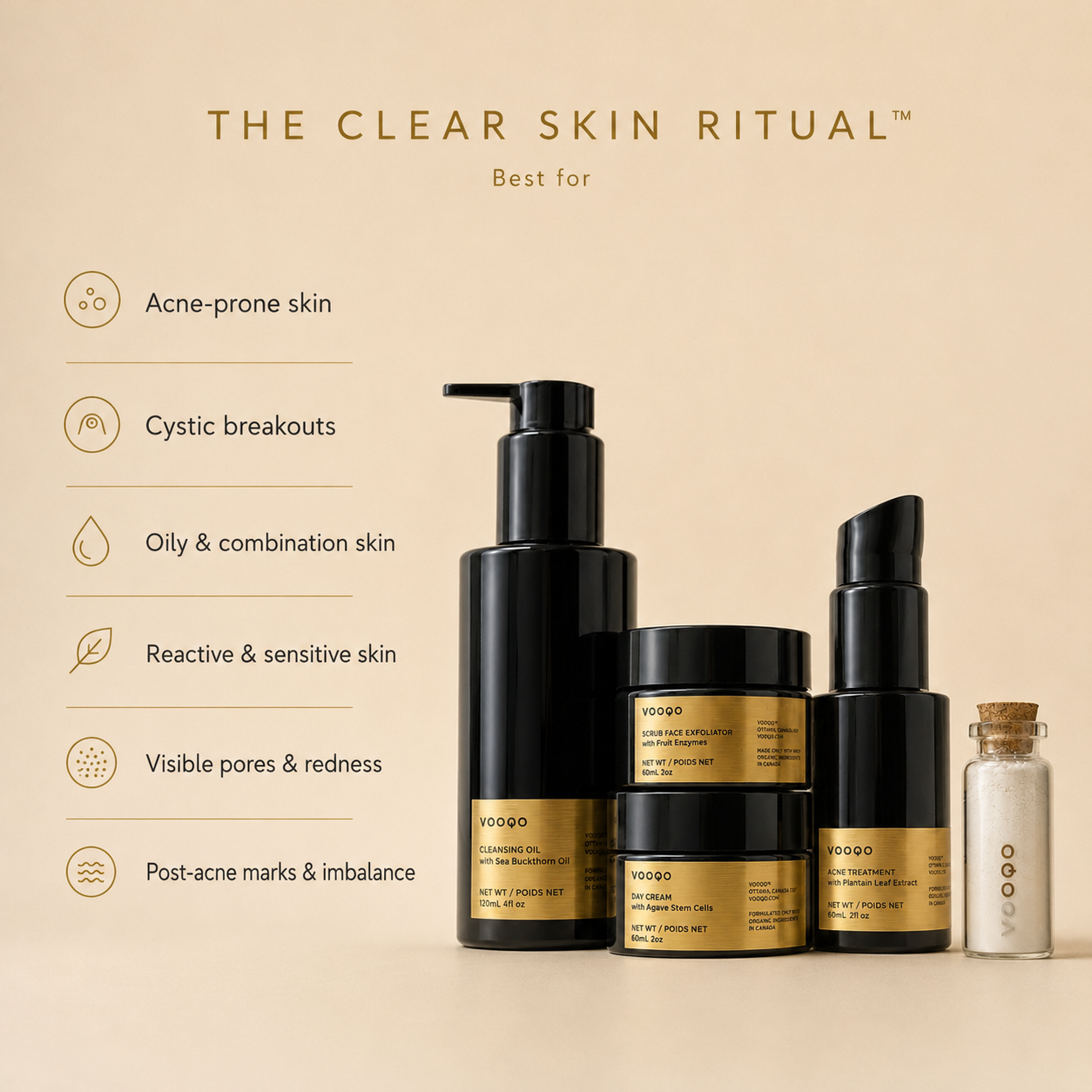 Vooqo The Clear Skin Ritual best for acne-prone, cystic, oily, combination, reactive, and sensitive skin with visible pores and post-acne marks.
