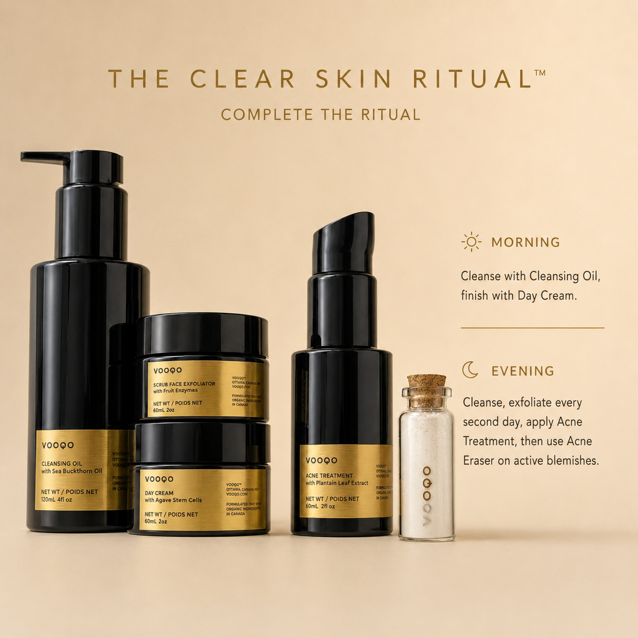 Complete the ritual image for Vooqo The Clear Skin Ritual showing the full blemish care routine with morning and evening steps.