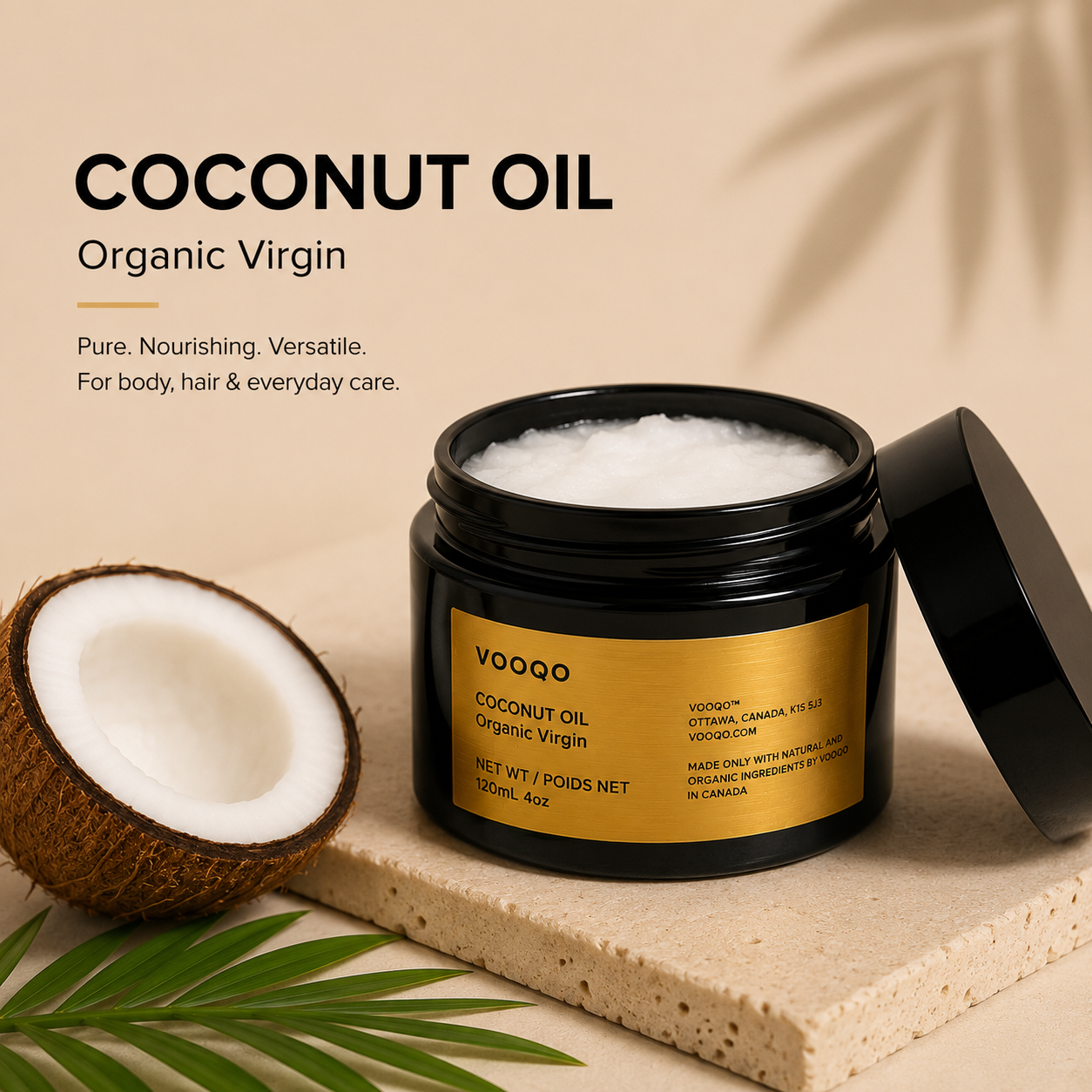 Vooqo Organic Virgin Coconut Oil with organic coconut on a warm beige premium background.
