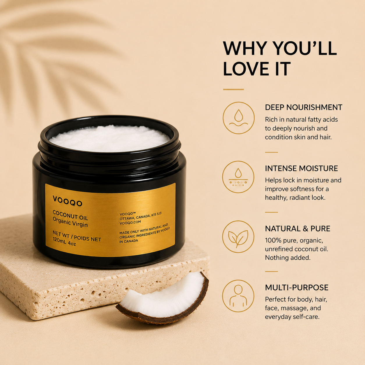 Open jar of Vooqo Organic Virgin Coconut Oil showing the rich raw coconut oil texture.