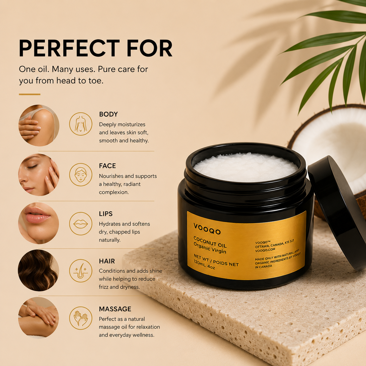 Vooqo Organic Virgin Coconut Oil showing uses for body, face, lips, hair, and massage in a premium lifestyle infographic.
