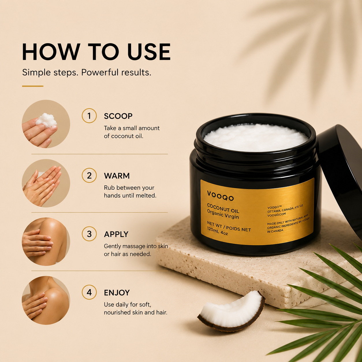 Benefits of Vooqo Organic Virgin Coconut Oil for deep hydration, skin nourishment, softness, and healthy hair.